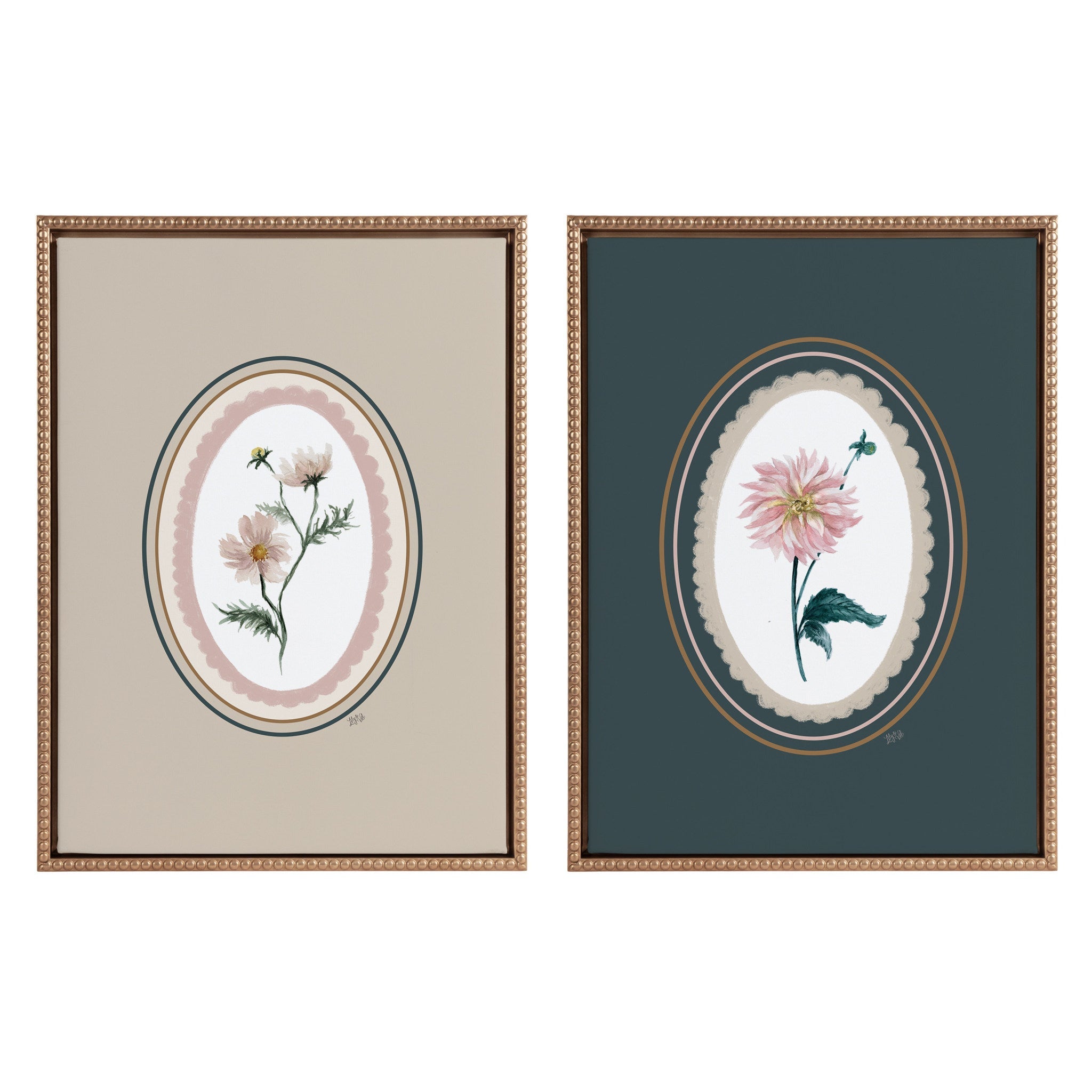 Two-piece framed canvas wall art set showing "Cosmo in Oval" and "Dahlia in Oval" antique flower illustrations with gold beaded oval frames.