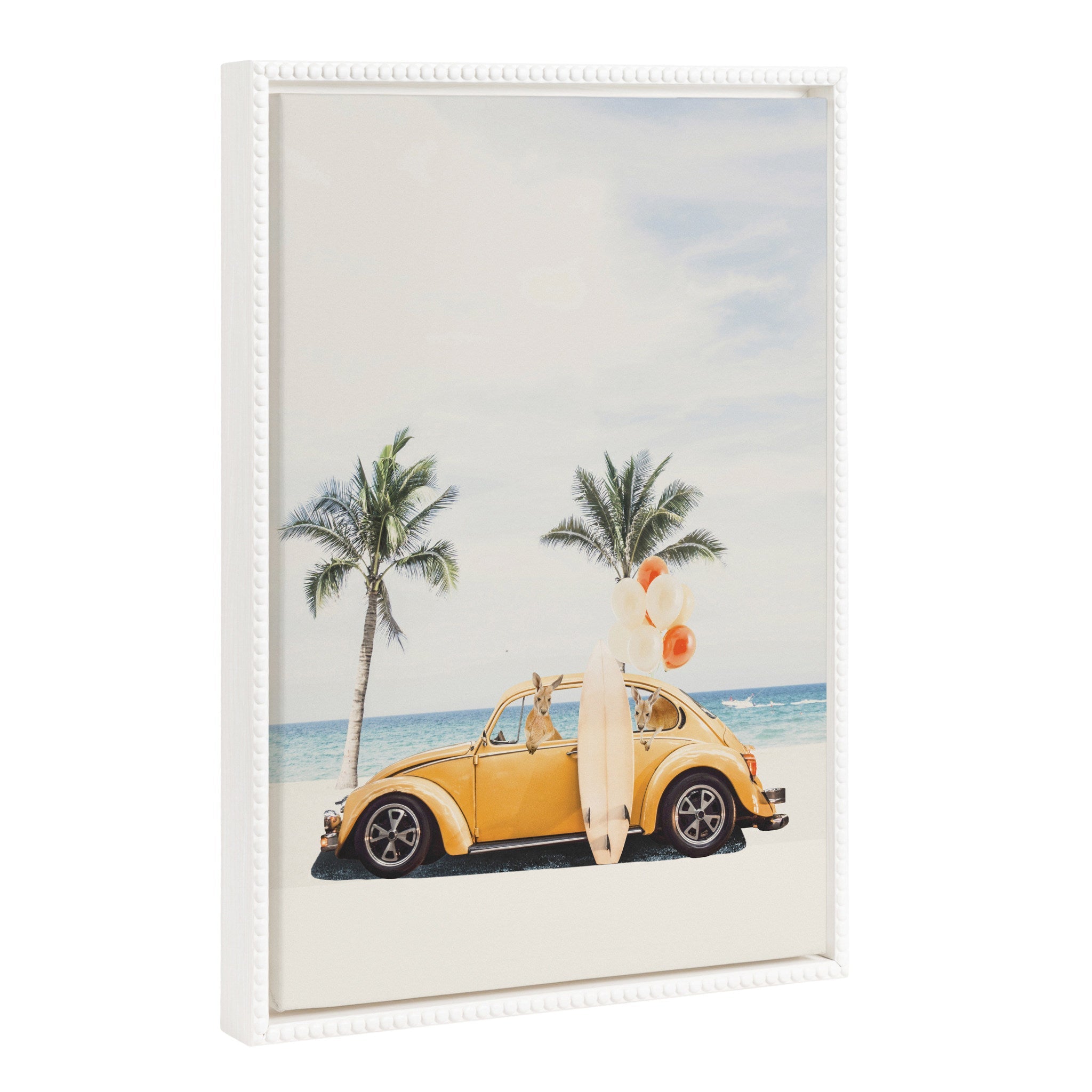 Sylvie Beaded Kangaroo Summer Adventures framed canvas art showing playful kangaroos with vintage beaded white frame.