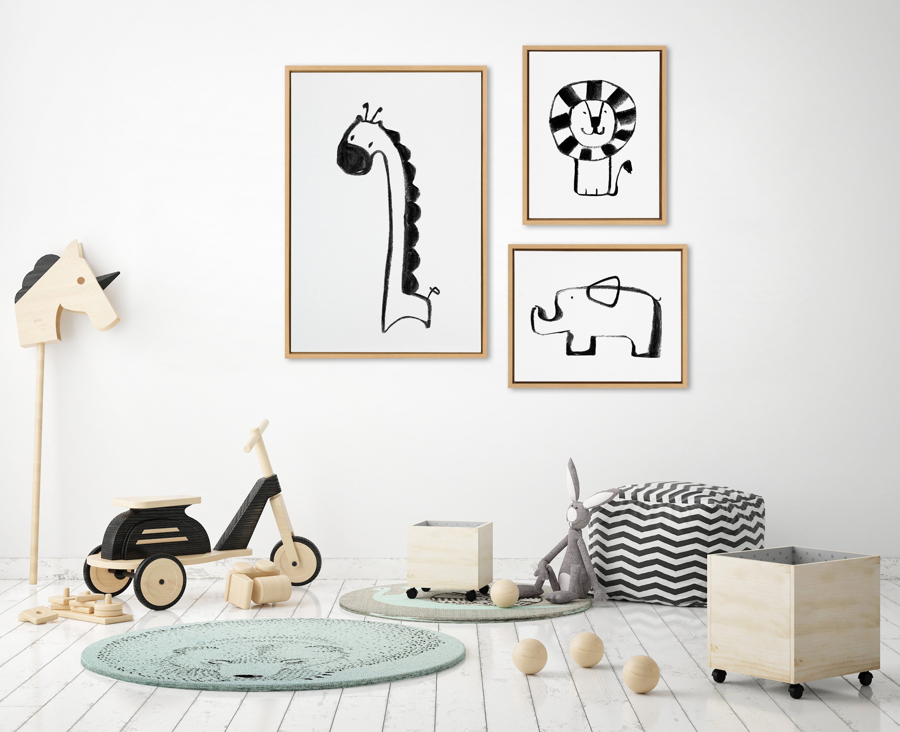 Sylvie 390 Giraffe BW, 409 Lion BW and 400 Elephant BW Framed Canvas Art Set by Teju Reval
