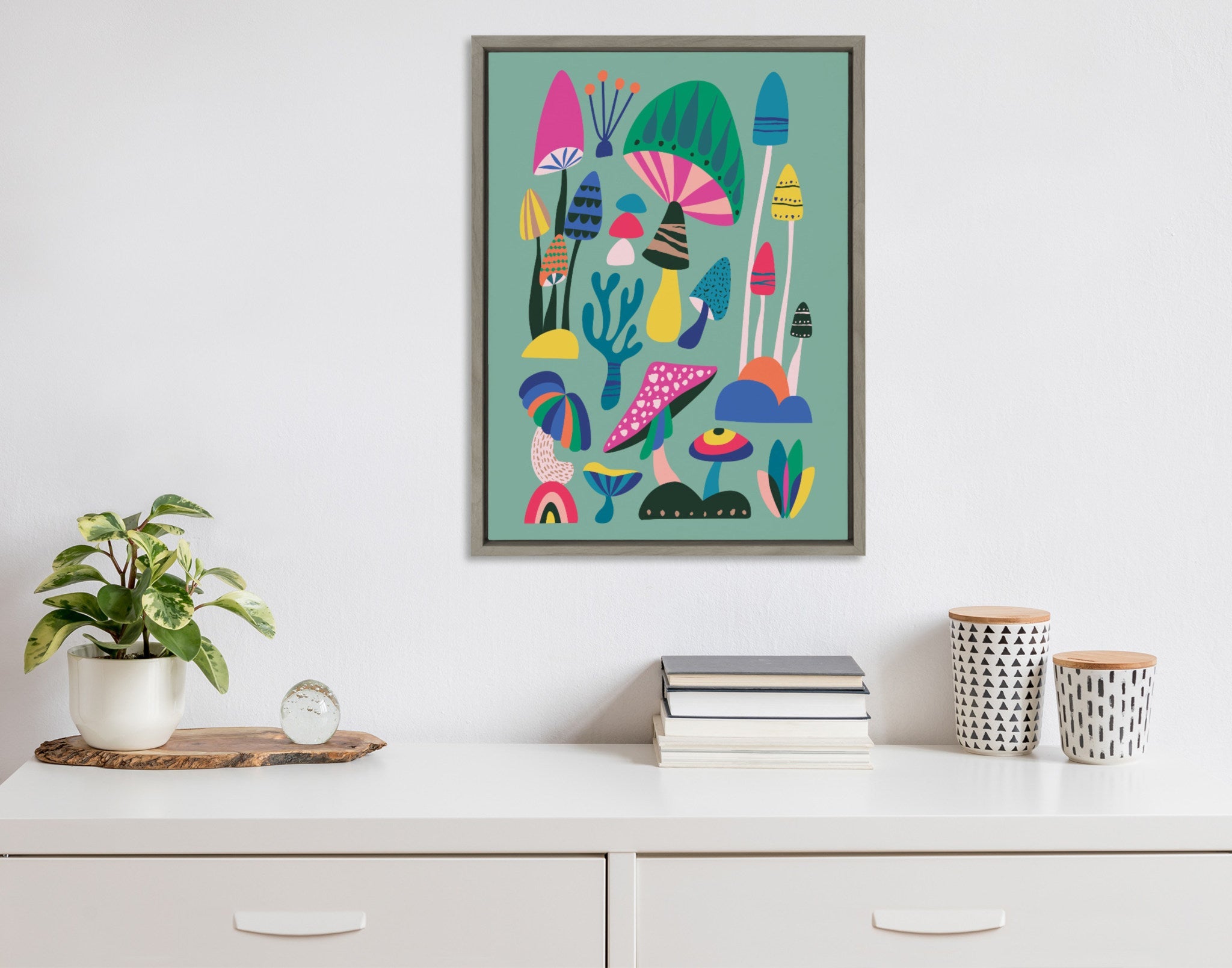 Sylvie Mid Century Modern Magic Mushrooms Framed Canvas by Rachel Lee of My Dream Wall