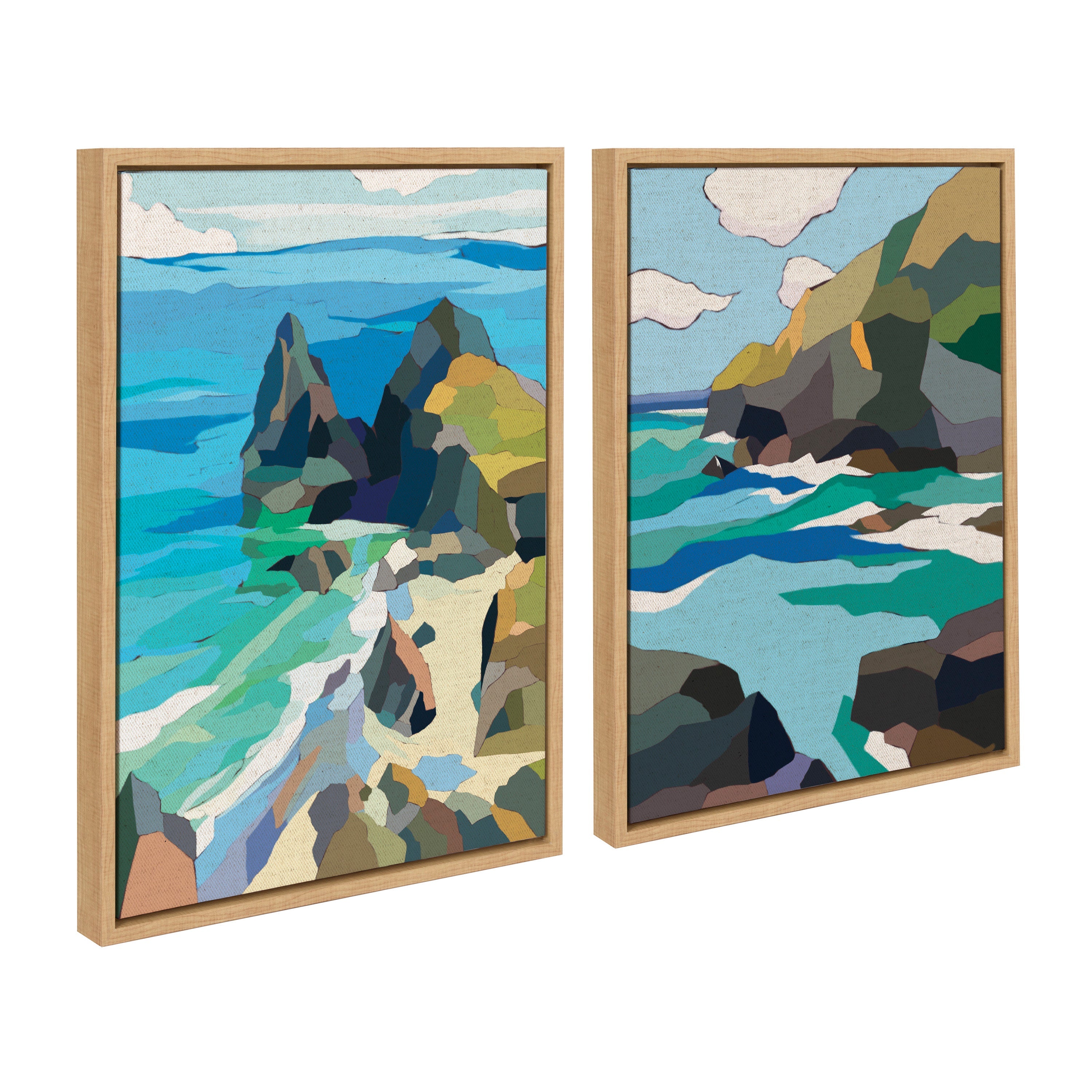 Two framed canvas prints depicting rocky ocean cliffs with neutral linen tone frames