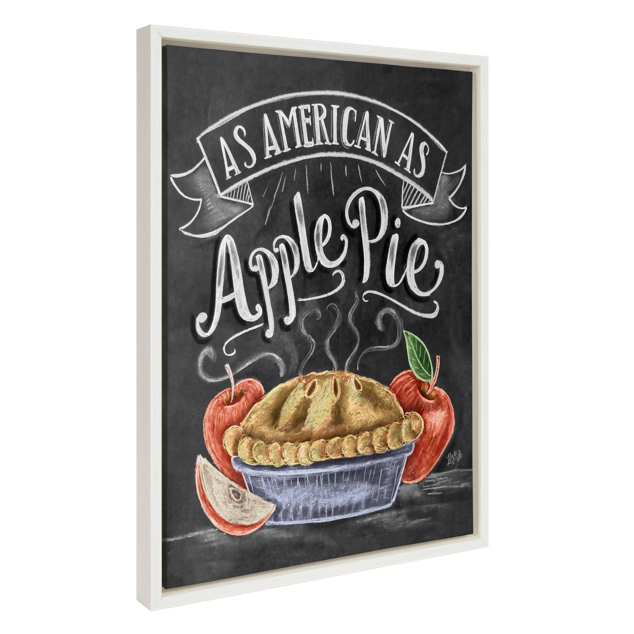 Sylvie American Apple Pie framed canvas art showing a baseball and apple pie illustration with a white polystyrene frame