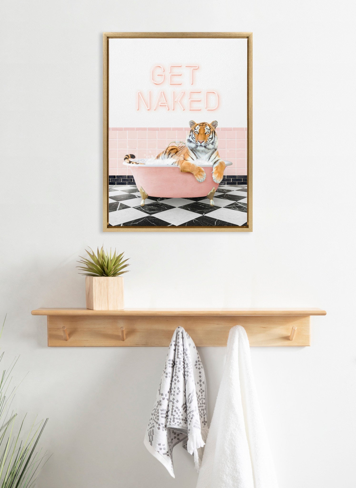 Sylvie Tiger Get Naked Retro Pink Bath Framed Canvas by Amy Peterson Art Studio