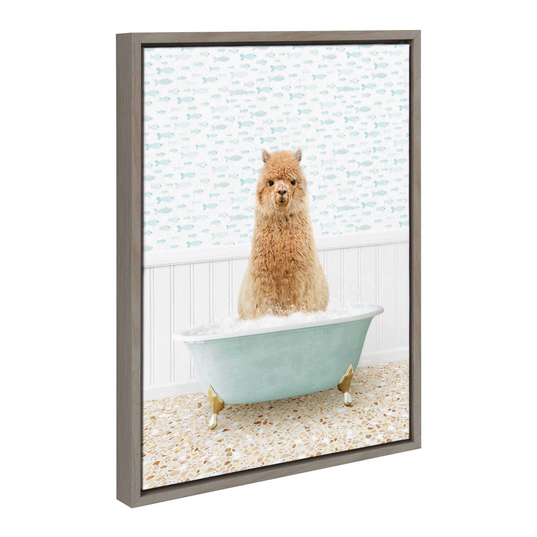 Framed floating canvas art of a sweet alpaca enjoying bath time in a cute bathtub