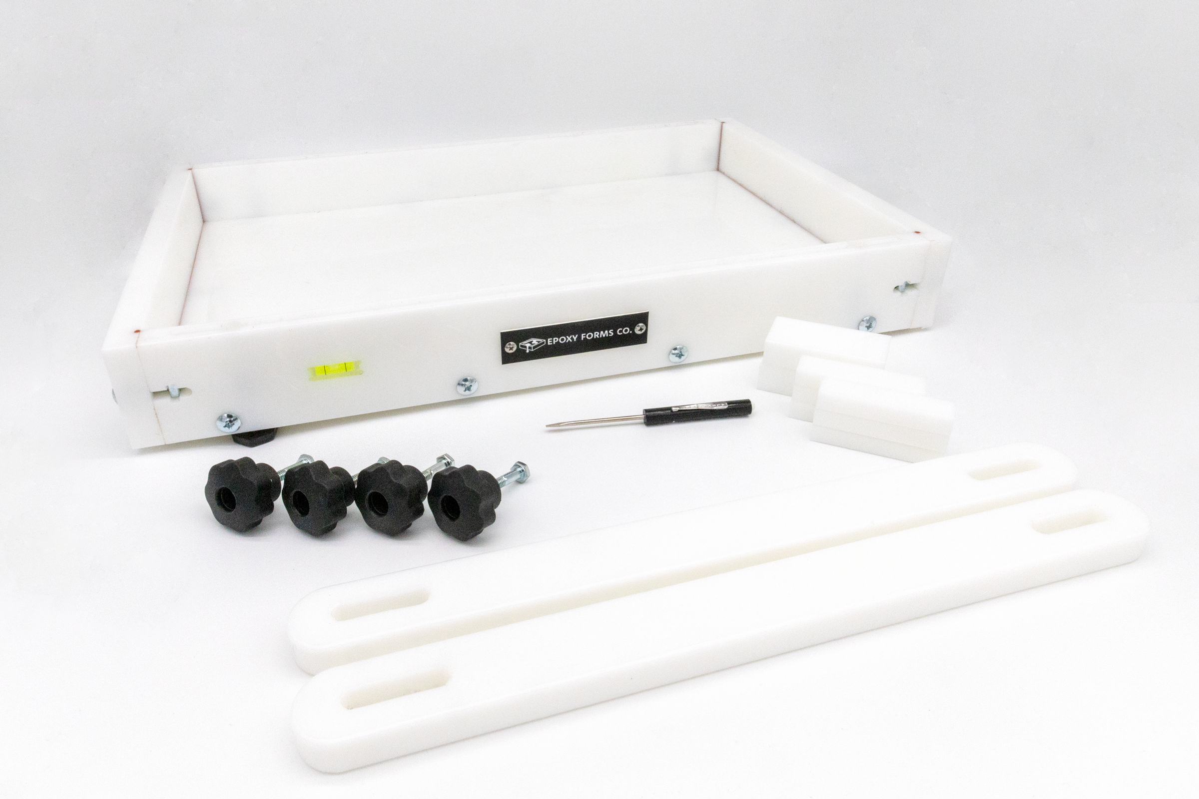 Large epoxy resin form by Ahonui Artisans with clamps and leveling system