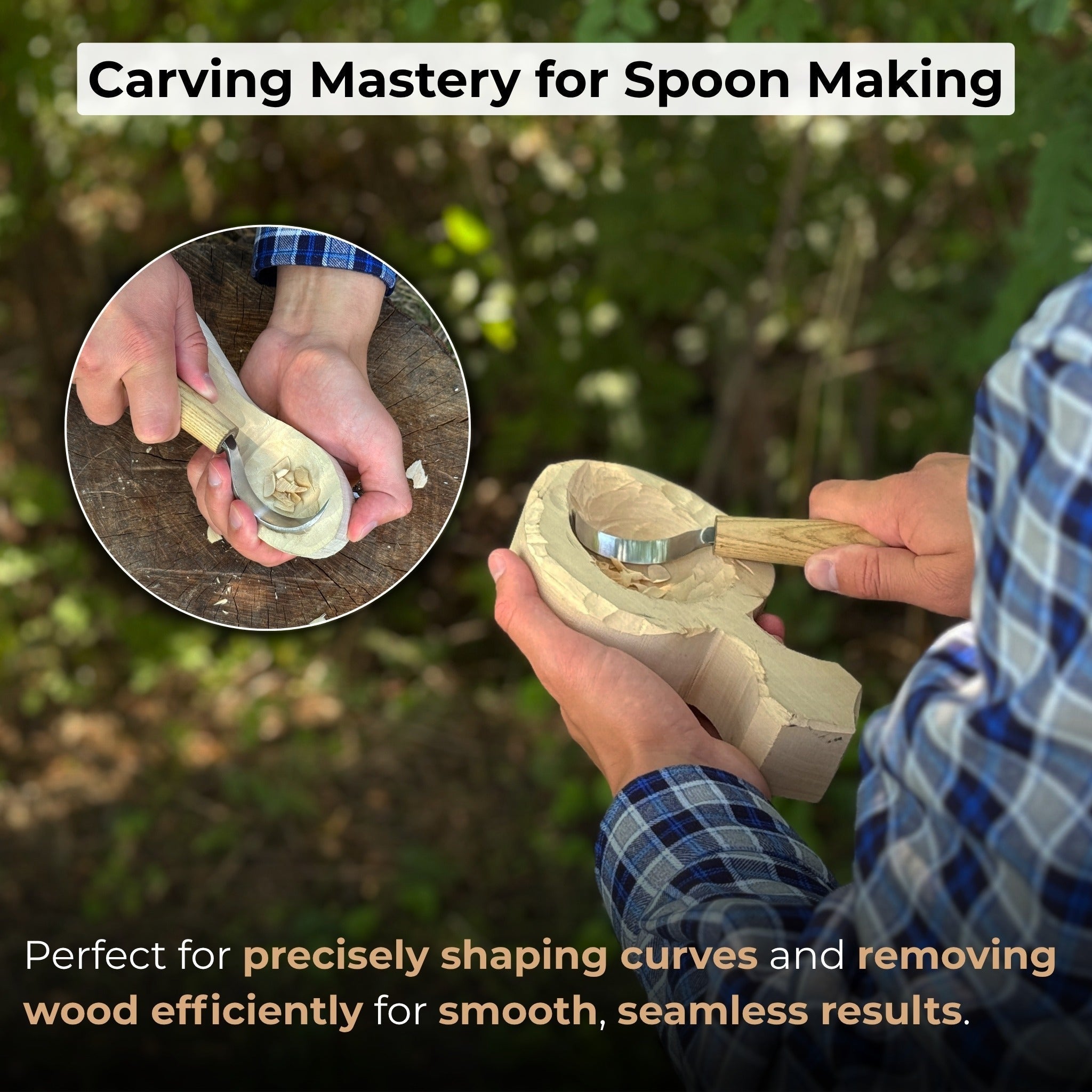 Large hook knife for spoon carving with ash wood handle and protective leather case