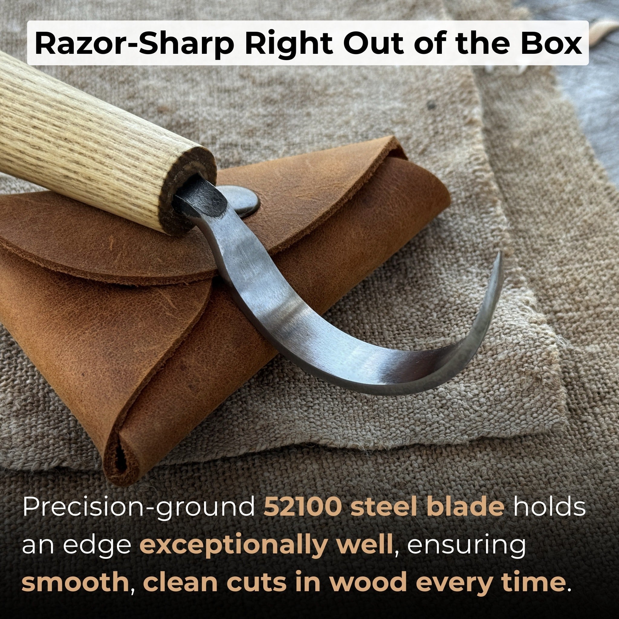Large hook knife for spoon carving with ash wood handle and protective leather case