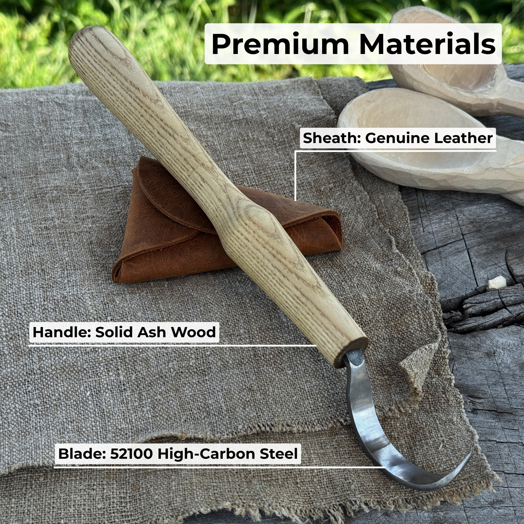 Large hook knife for spoon carving with ash wood handle and protective leather case