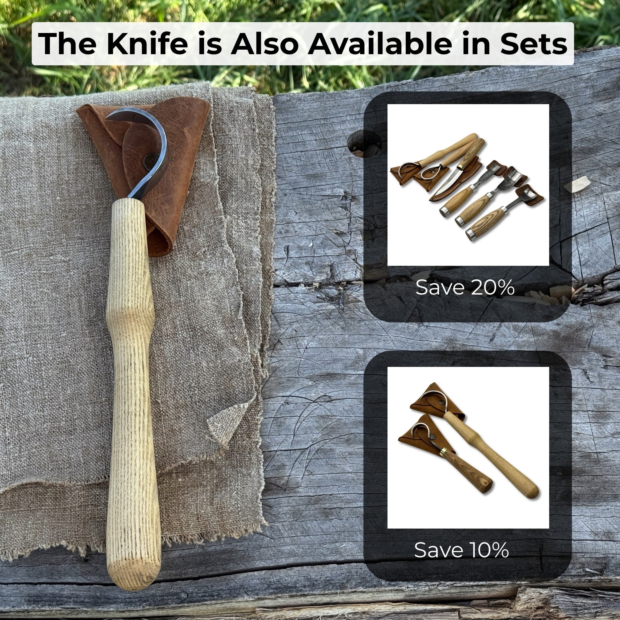 Large hook knife for spoon carving with ash wood handle and protective leather case