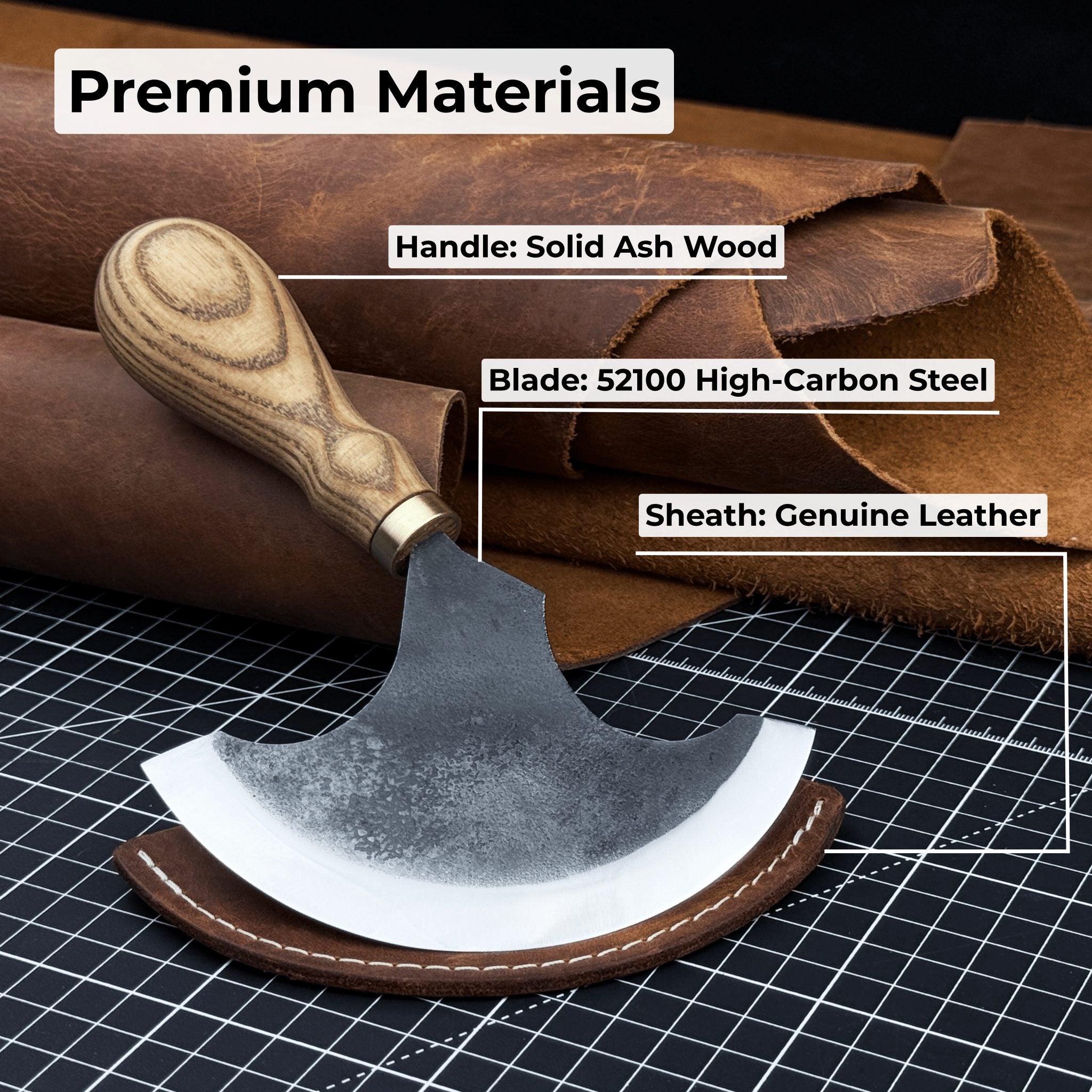 Large Leather Round Knife 12.5 cm with ash wood handle and high-carbon steel blade