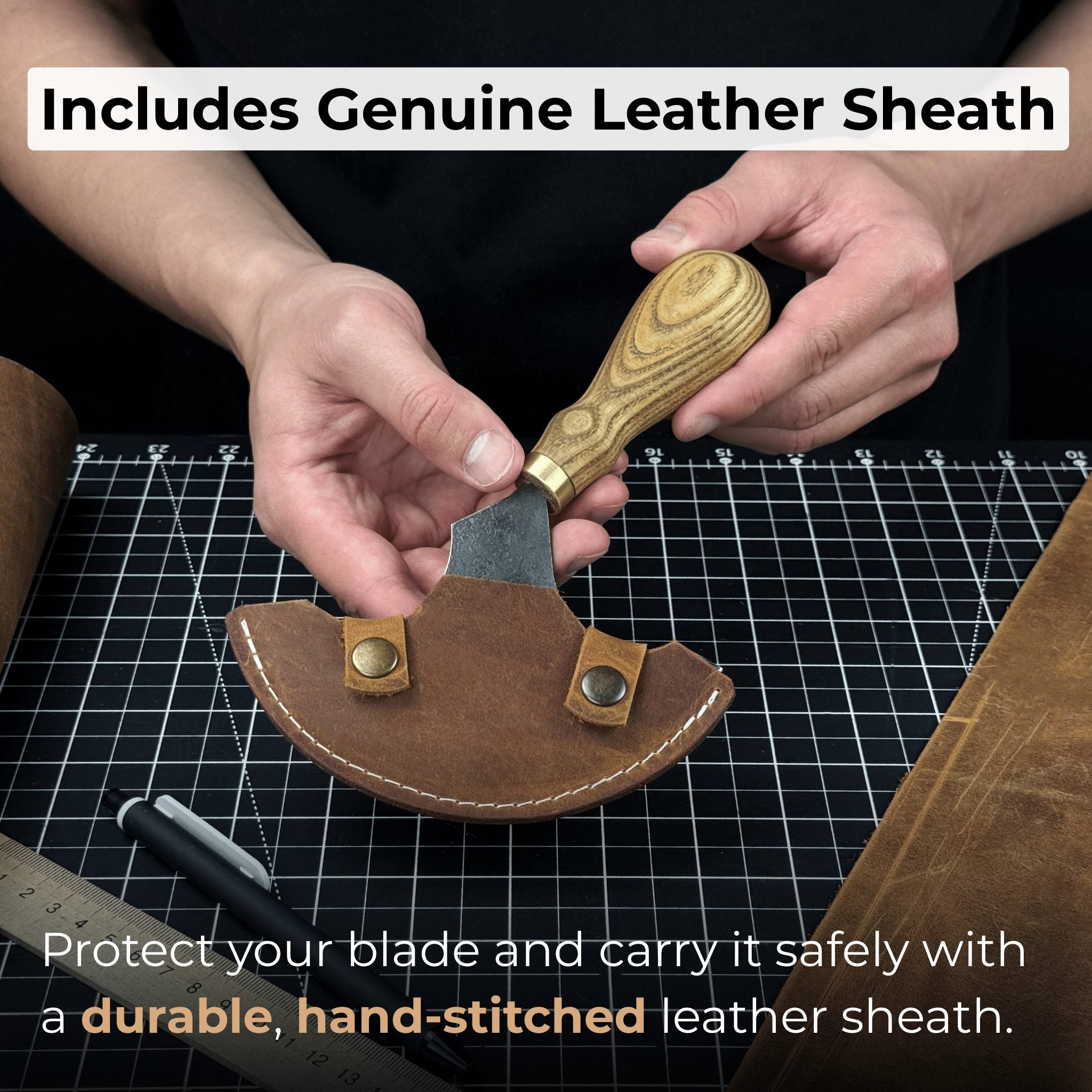 Large Leather Round Knife 12.5 cm with ash wood handle and high-carbon steel blade