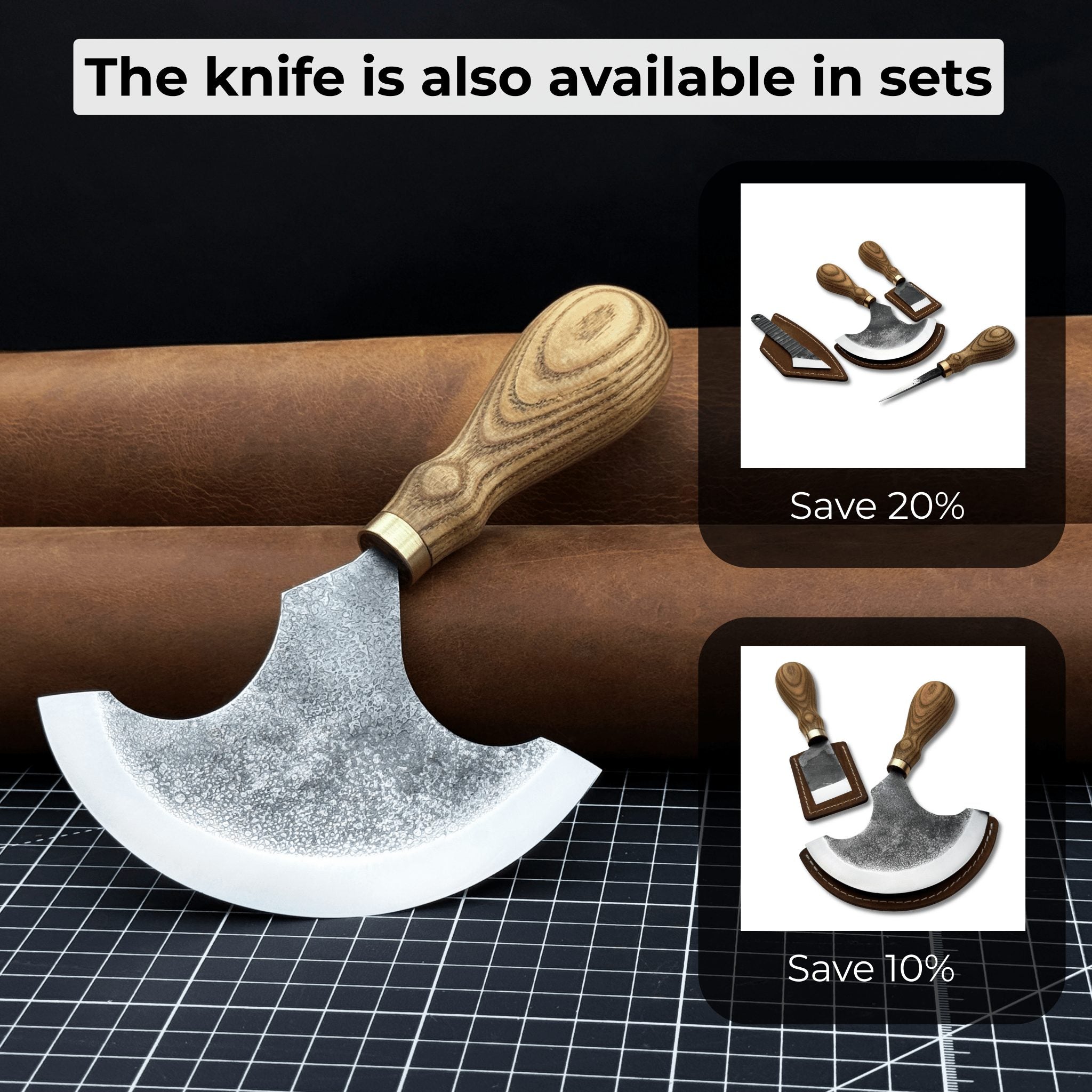 Large Leather Round Knife 12.5 cm with ash wood handle and high-carbon steel blade