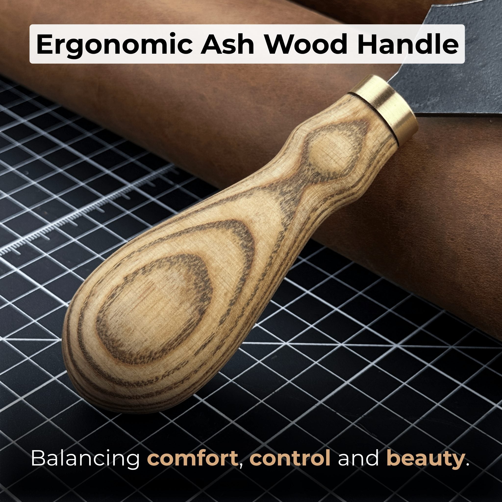 Large Leather Round Knife 12.5 cm with ash wood handle and high-carbon steel blade
