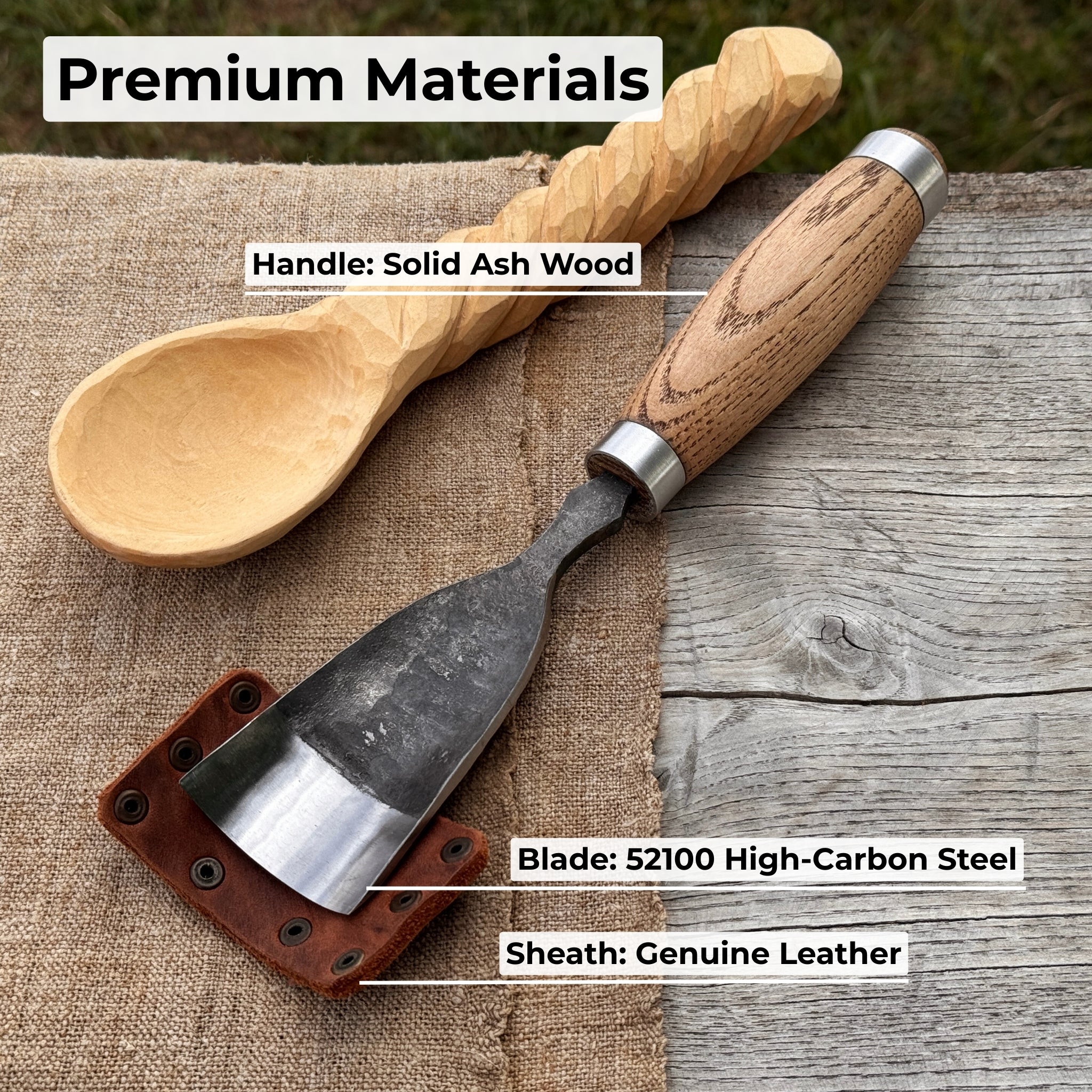 Large straight gouge rounded chisel with ash wood handle and carbon steel blade