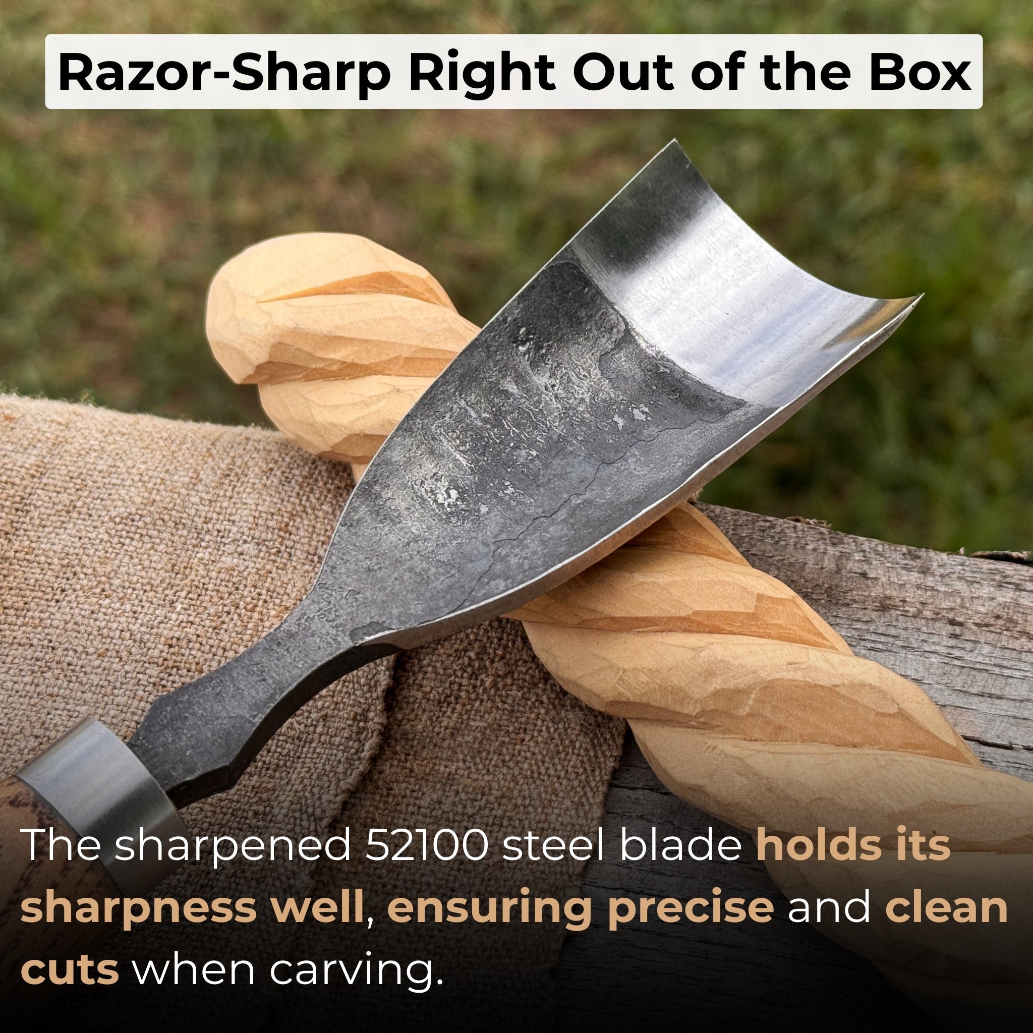 Large straight gouge rounded chisel with ash wood handle and carbon steel blade
