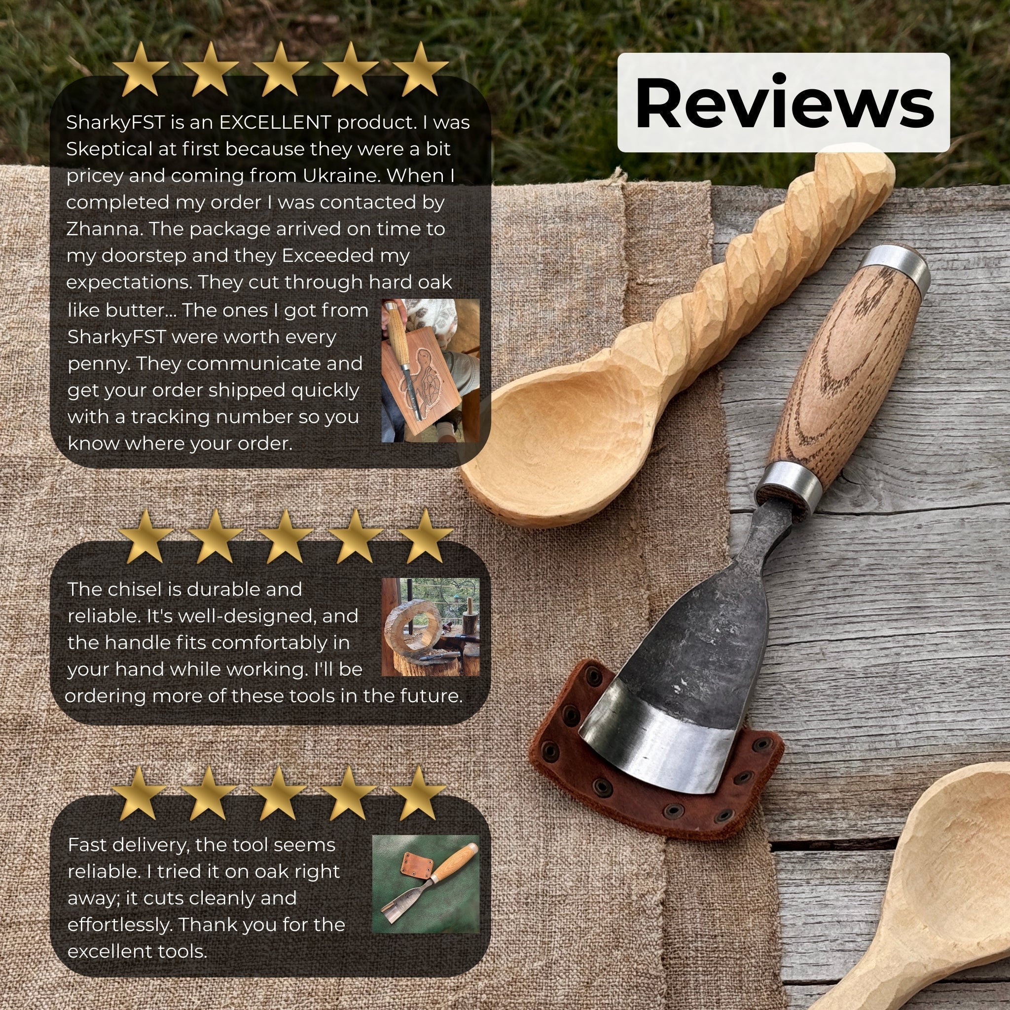 Large straight gouge rounded chisel with ash wood handle and carbon steel blade