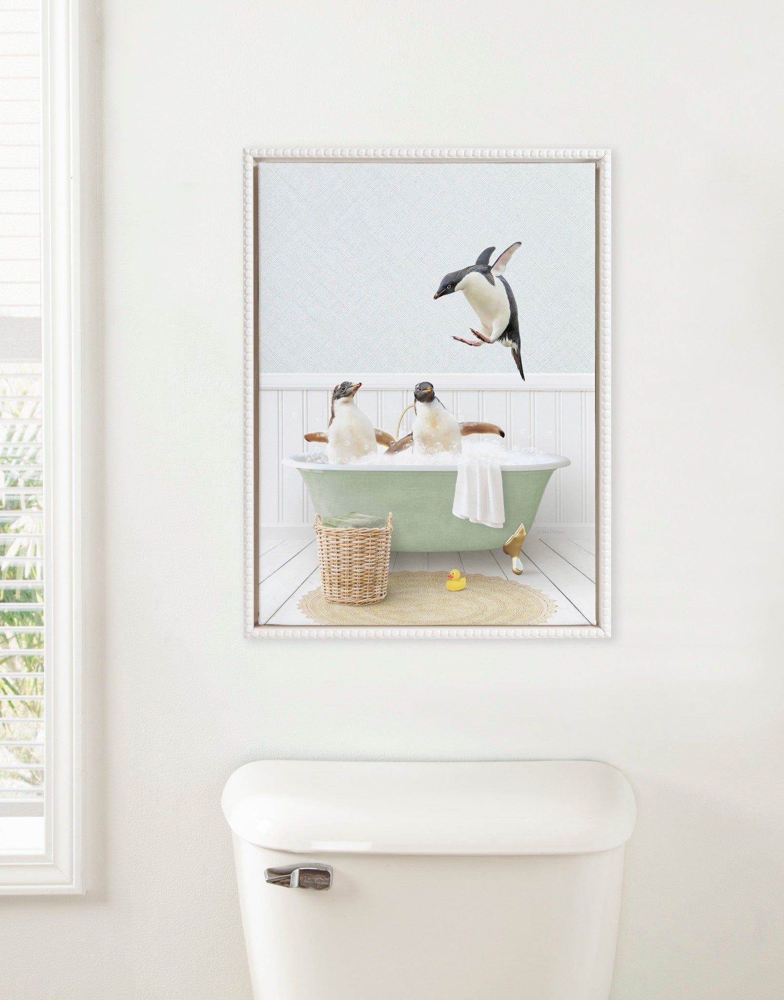 Sylvie Beaded Penguins in Cottage Bath Framed Canvas by Amy Peterson