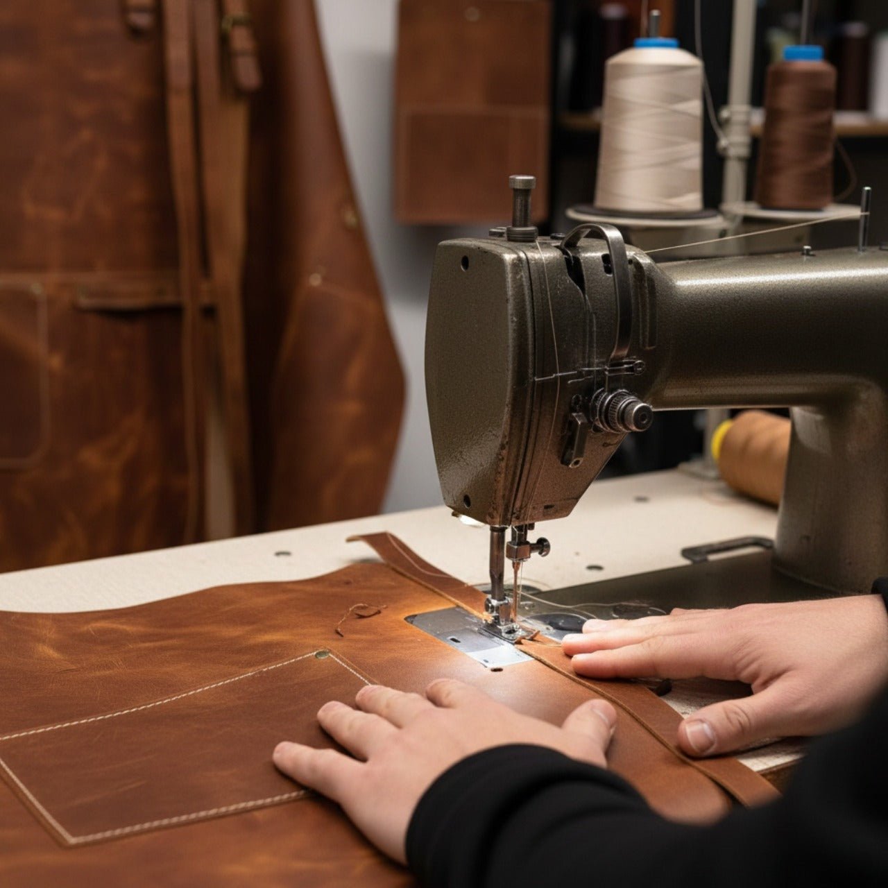 Handcrafted leather work apron with adjustable straps and front pockets by Sharky Forged Steel Tools