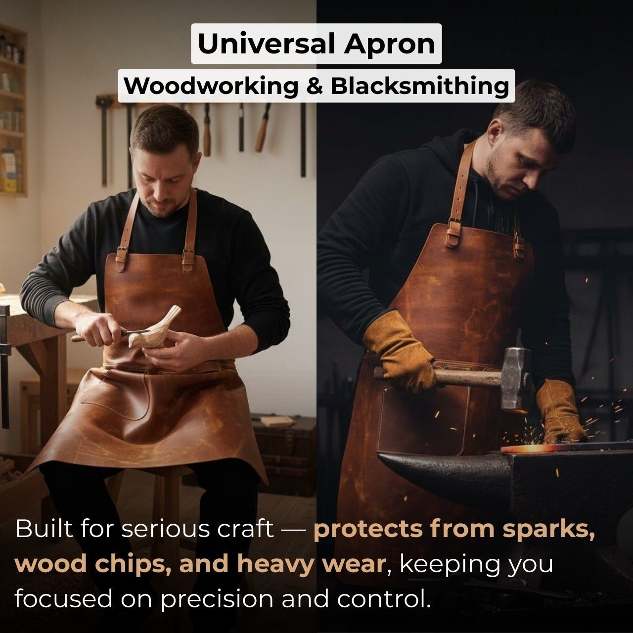 Handcrafted leather work apron with adjustable straps and front pockets by Sharky Forged Steel Tools