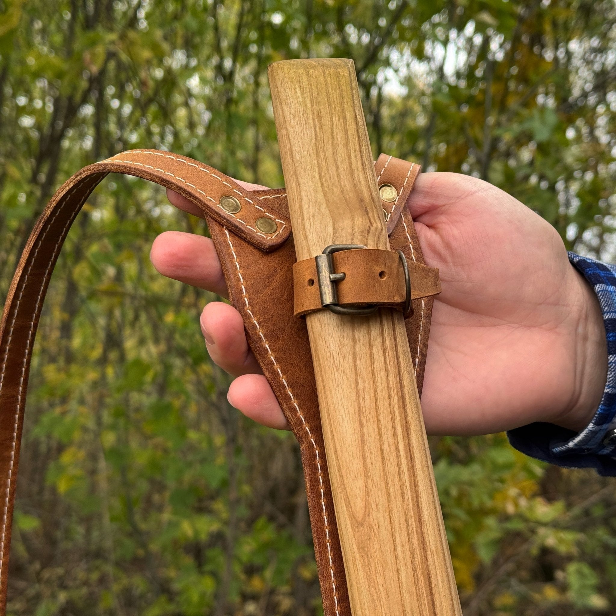 Leather axe case with adjustable shoulder straps by Sharky Forged Steel Tools