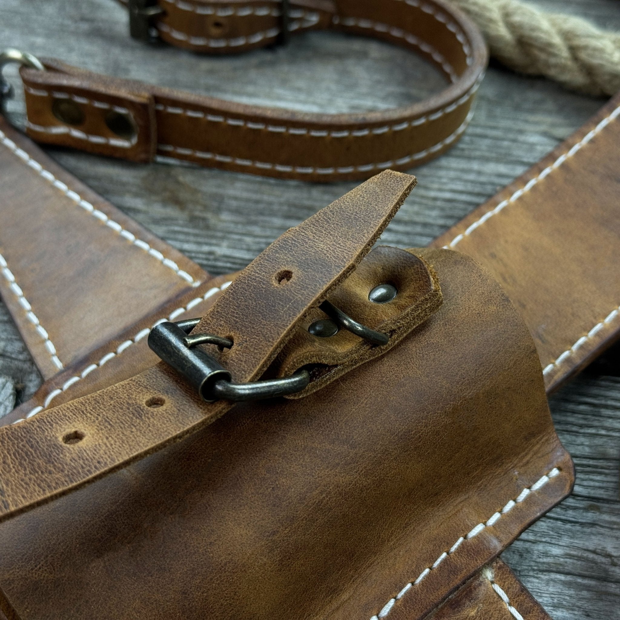 Leather axe case with adjustable shoulder straps by Sharky Forged Steel Tools
