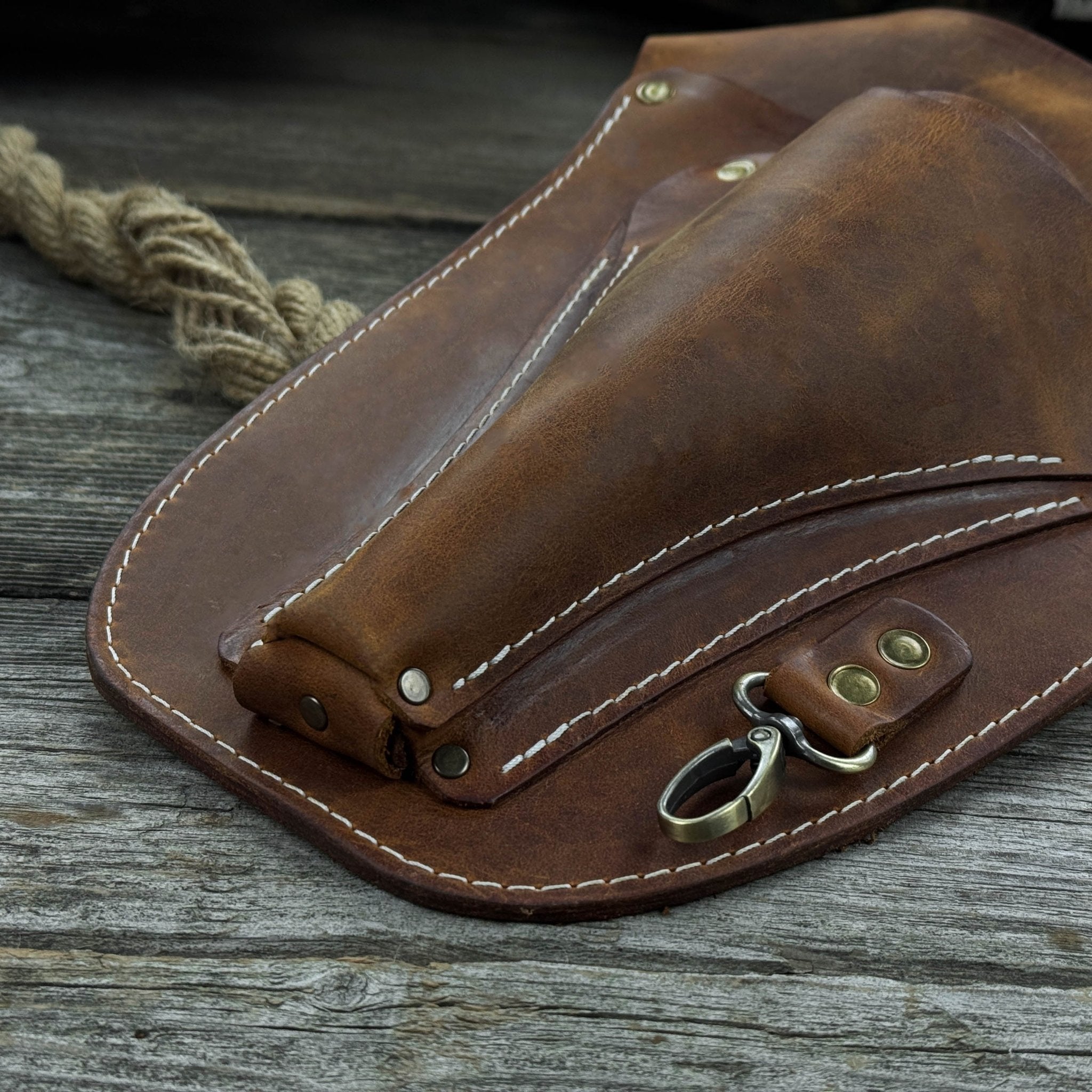 Leather Belt Tool Pouch made from Crazy Horse leather with adjustable strap and multiple compartments