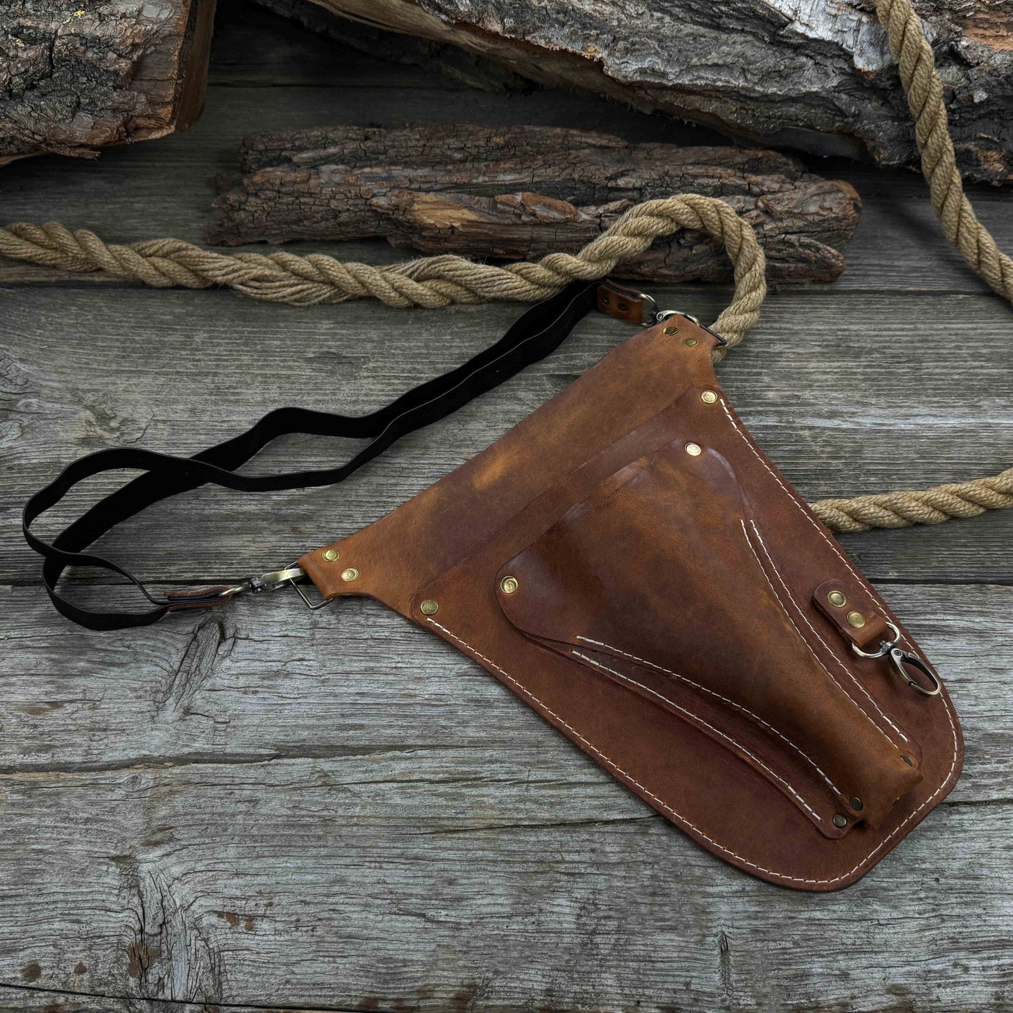 Leather Belt Tool Pouch made from Crazy Horse leather with adjustable strap and multiple compartments
