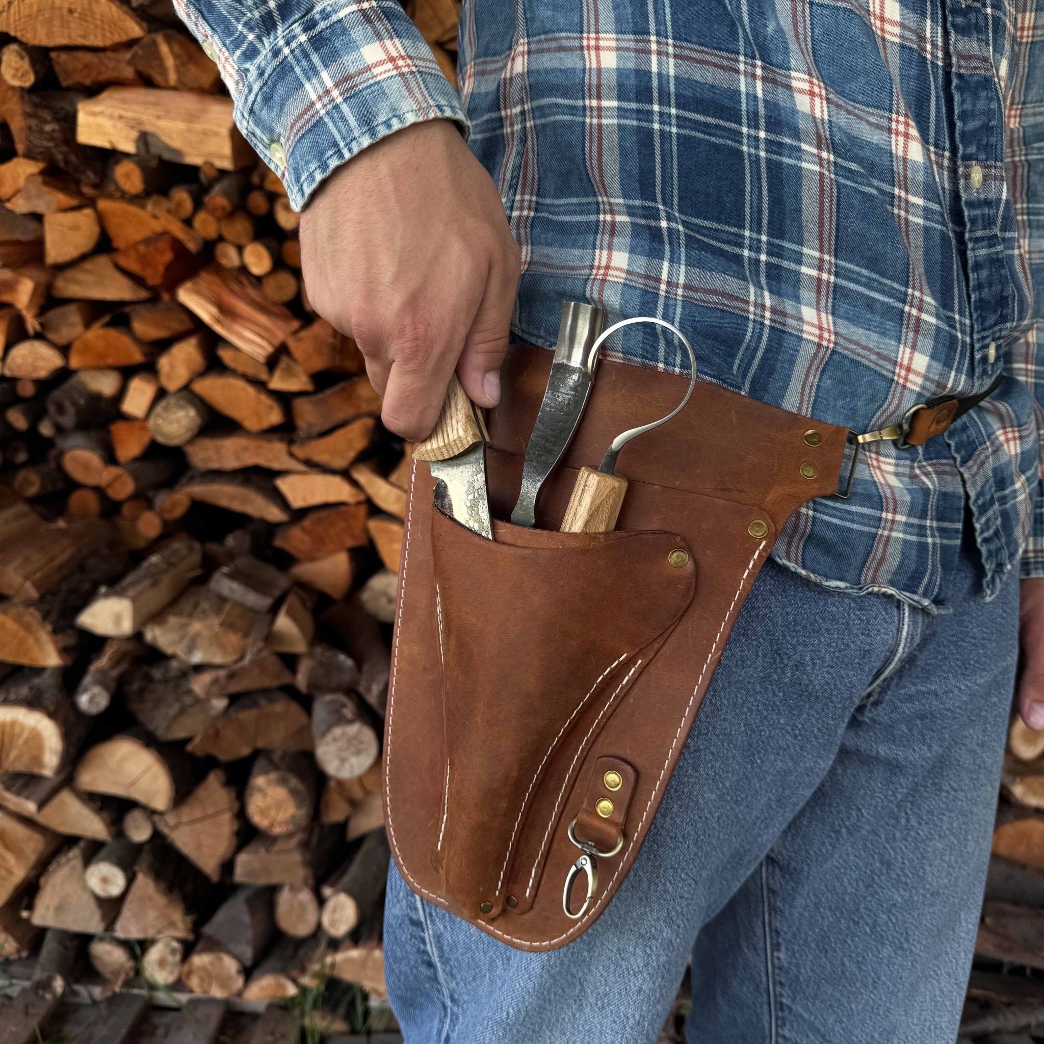 Leather Belt Tool Pouch made from Crazy Horse leather with adjustable strap and multiple compartments
