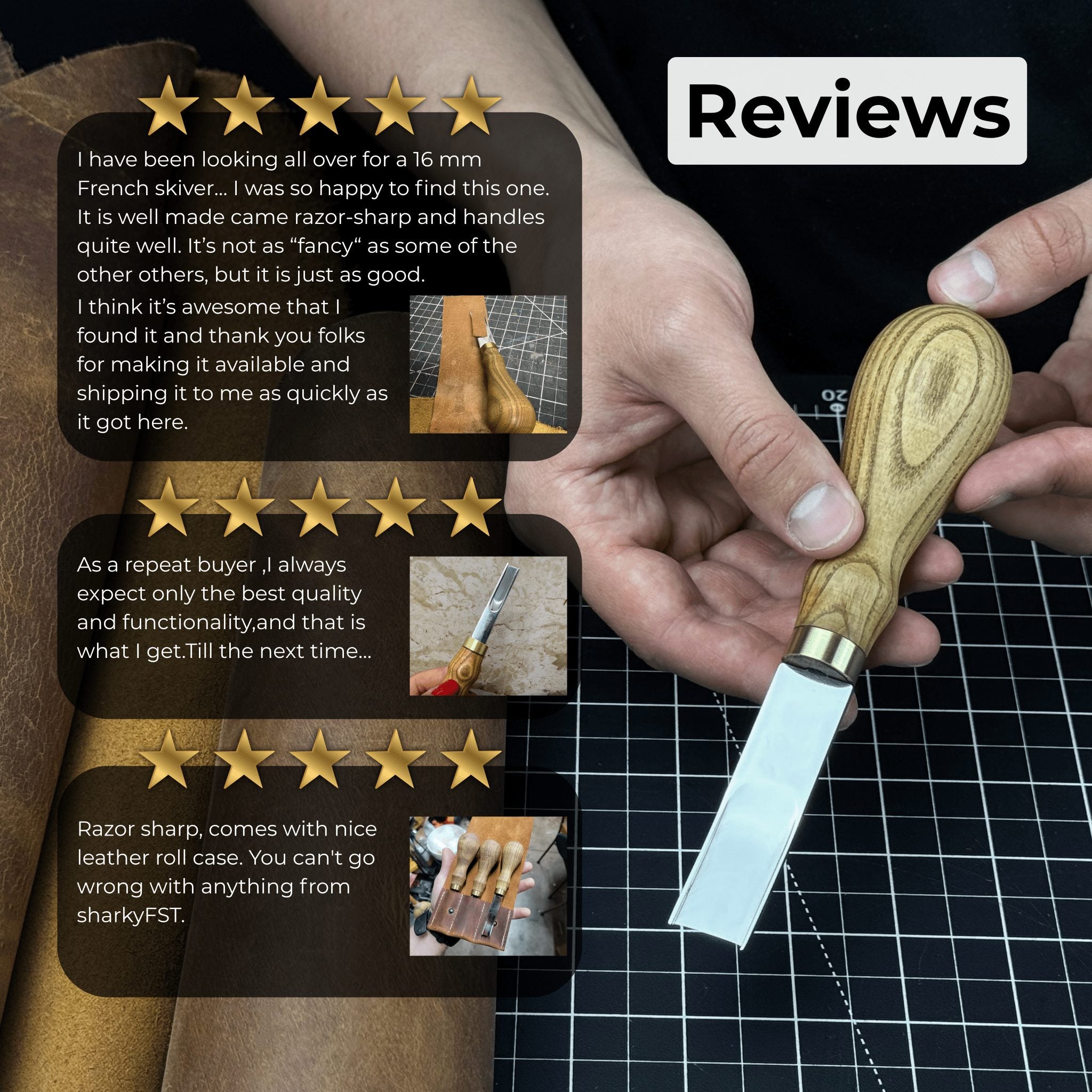 Leather Edge Skiver tool with Ash wood handle and polished steel blade