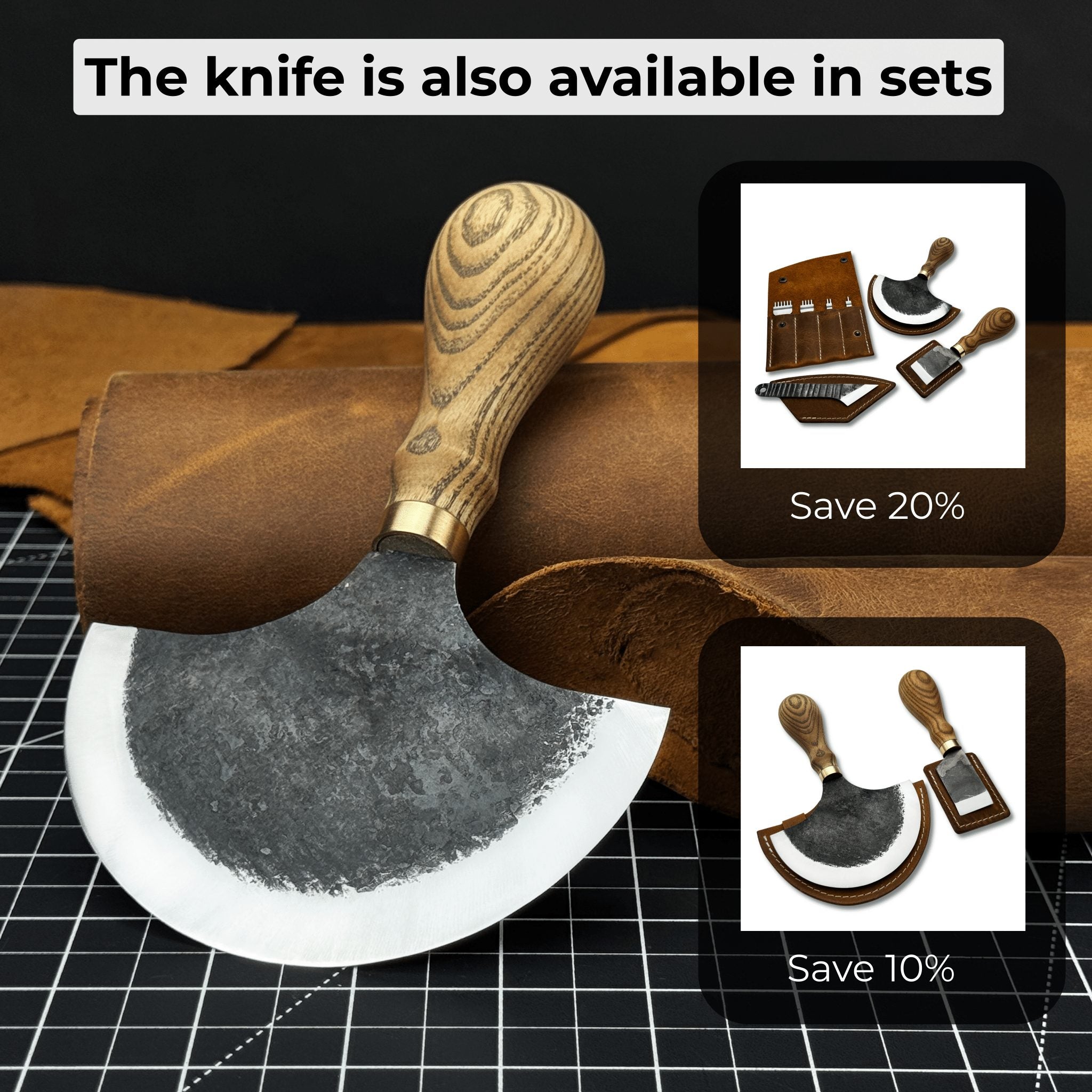 Leather Round Half Moon Knife 10.5 cm with ash wood handle and carbon steel blade