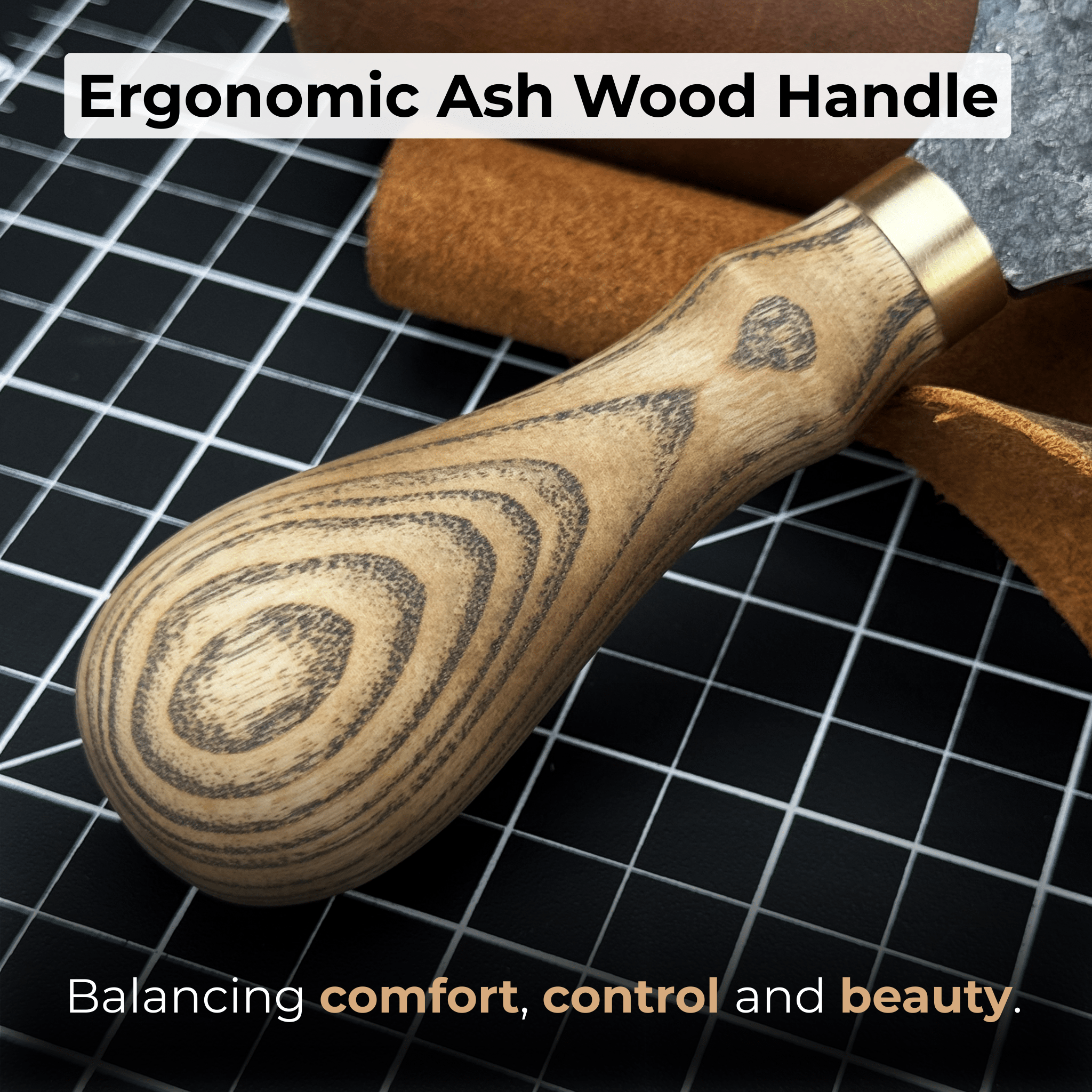 Leather Round Half Moon Knife 10.5 cm with ash wood handle and carbon steel blade