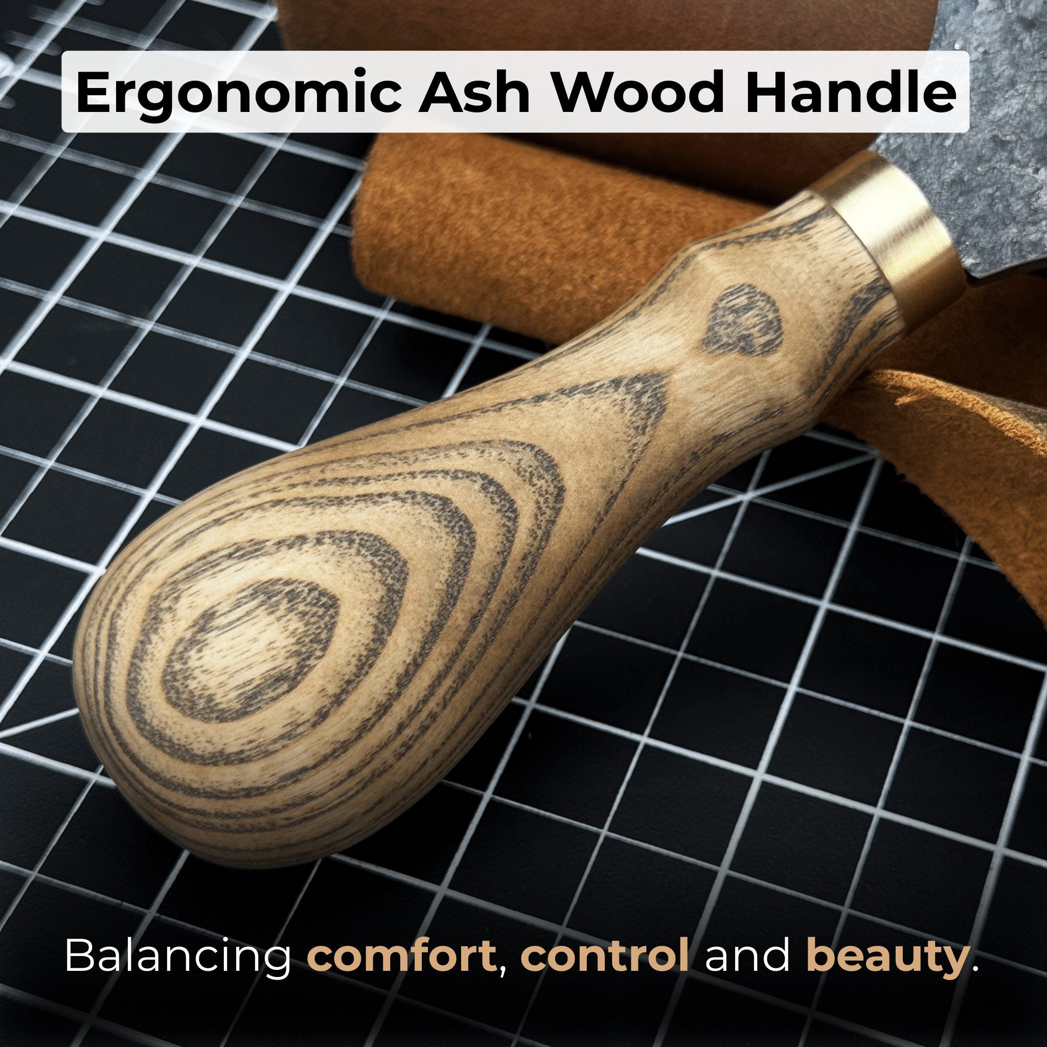 Leather Round Half Moon Knife 10.5 cm with ash wood handle and carbon steel blade