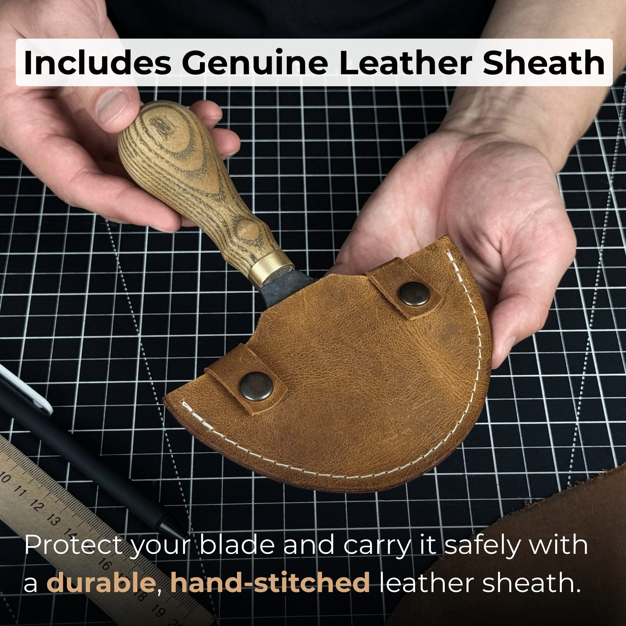 Leather Round Half Moon Knife 10.5 cm with ash wood handle and carbon steel blade