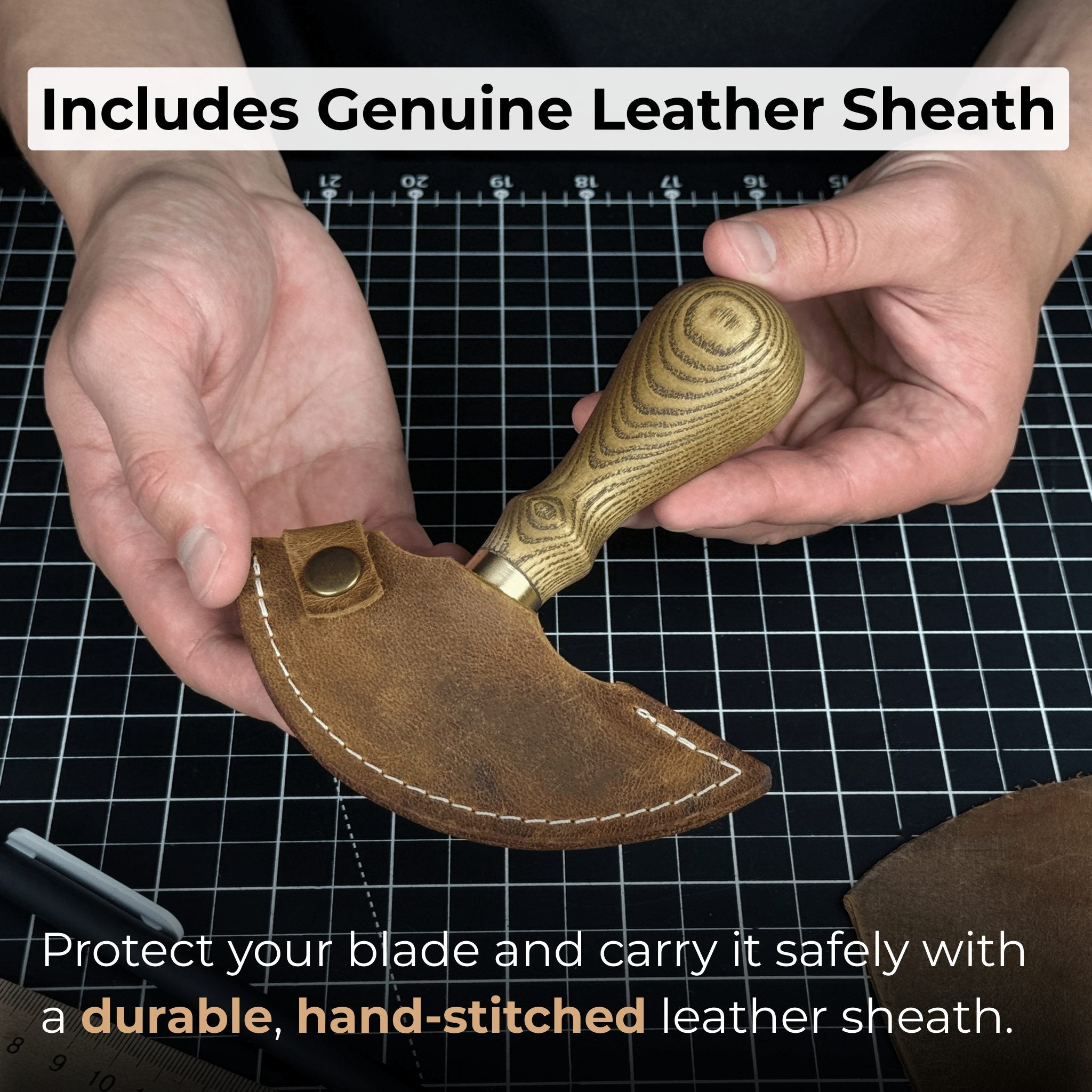 Hand-forged leather round knife with ash wood handle and carbon steel blade