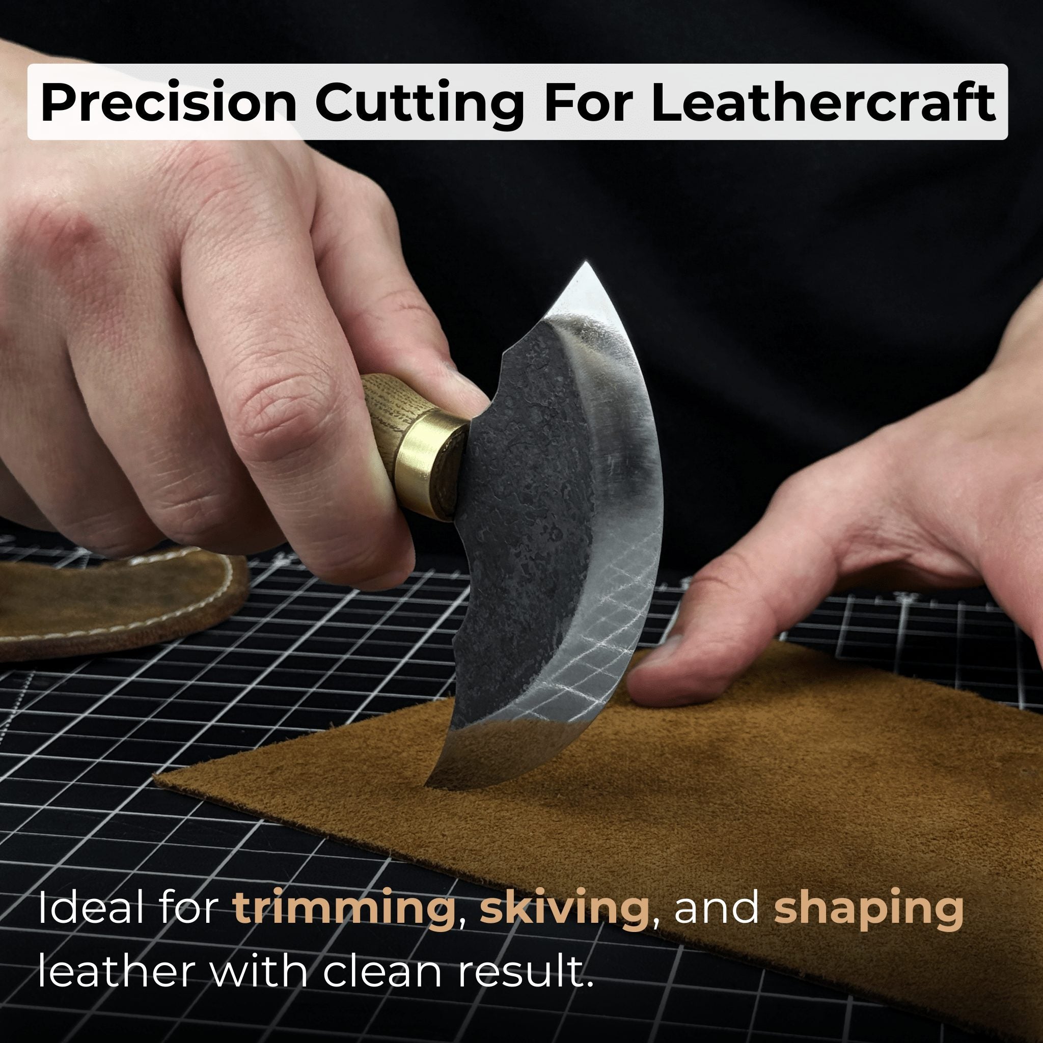 Hand-forged leather round knife with ash wood handle and carbon steel blade