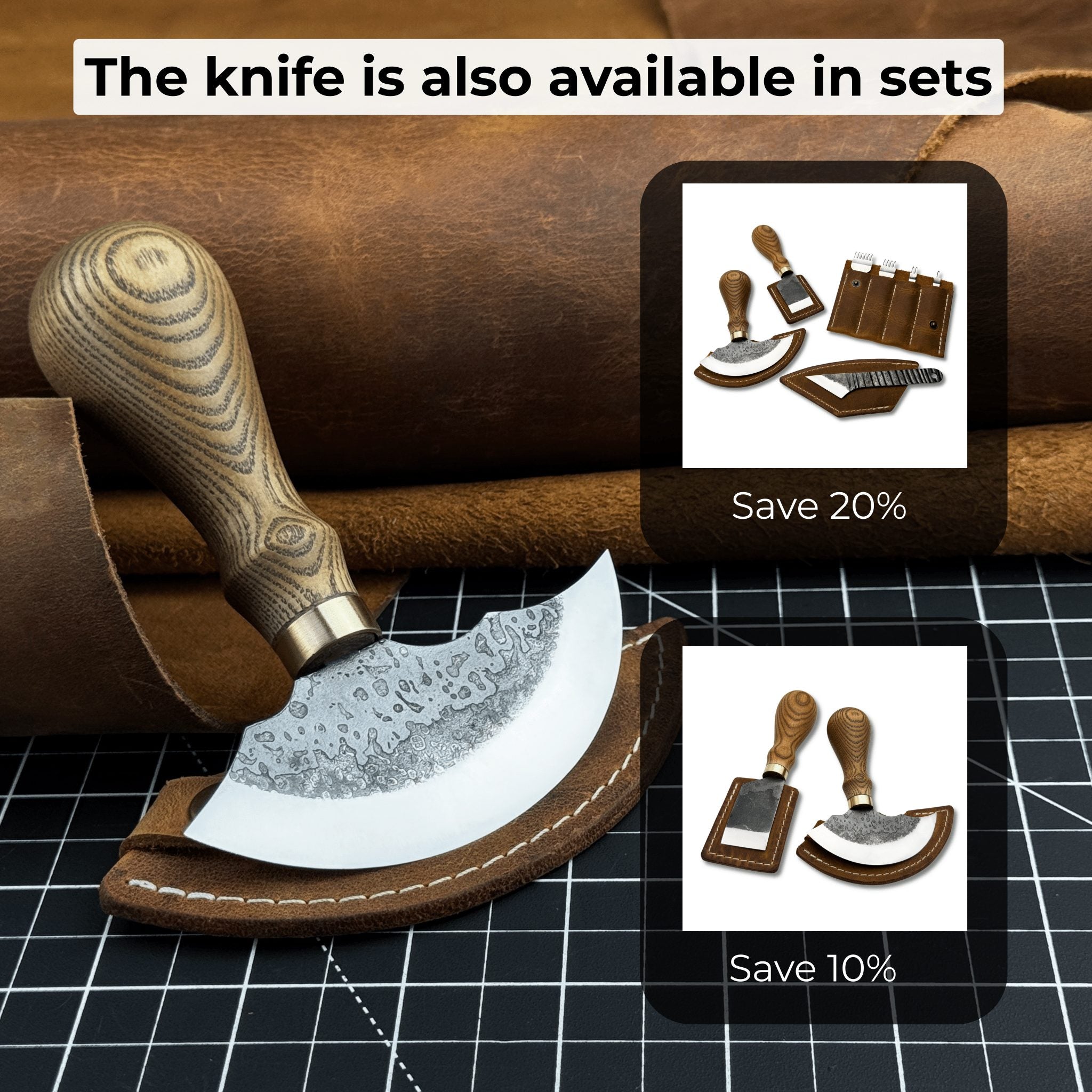 Hand-forged leather round knife with ash wood handle and carbon steel blade