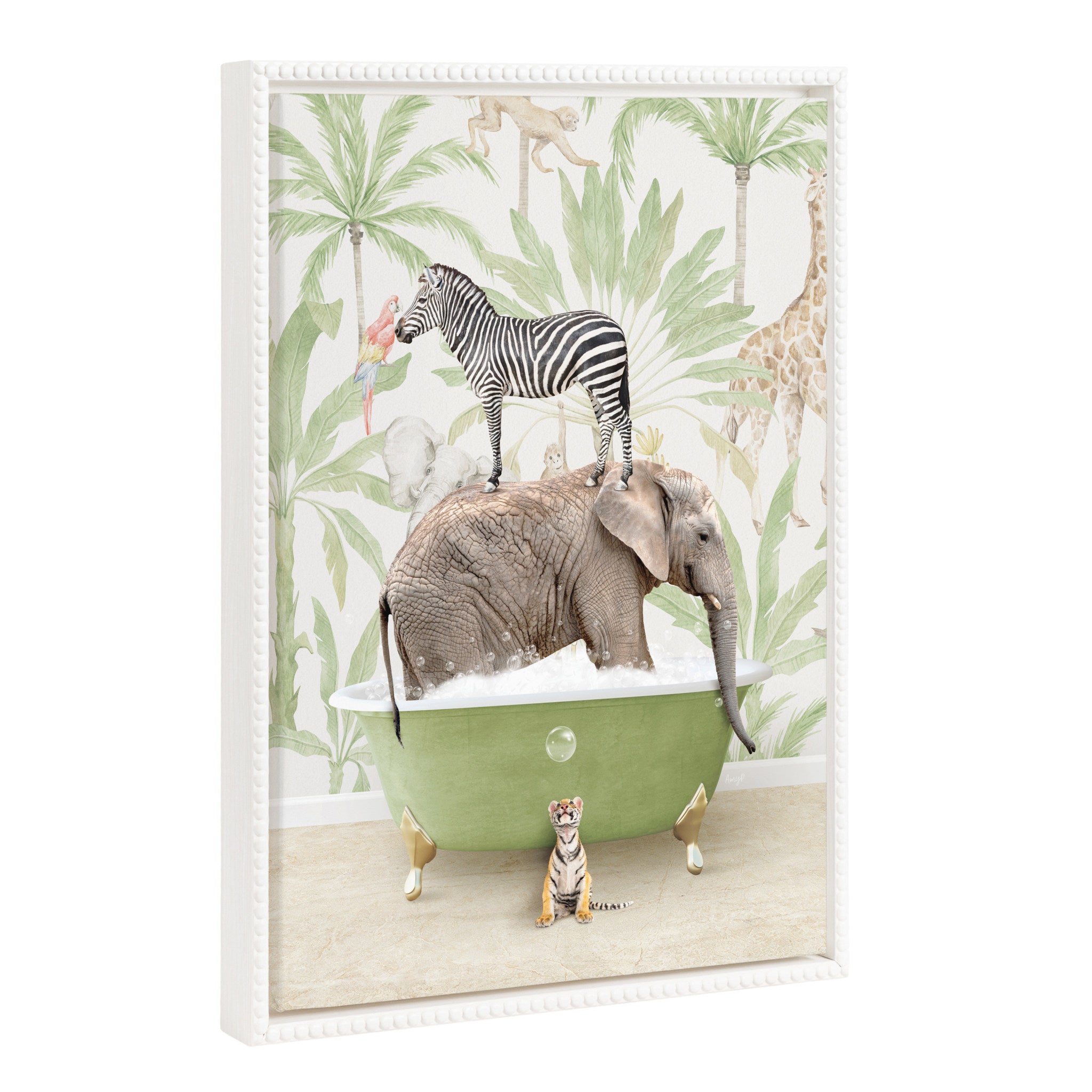 Sylvie Beaded Safari Animals in Safari Bath framed canvas art by Amy Peterson with white vintage beaded frame