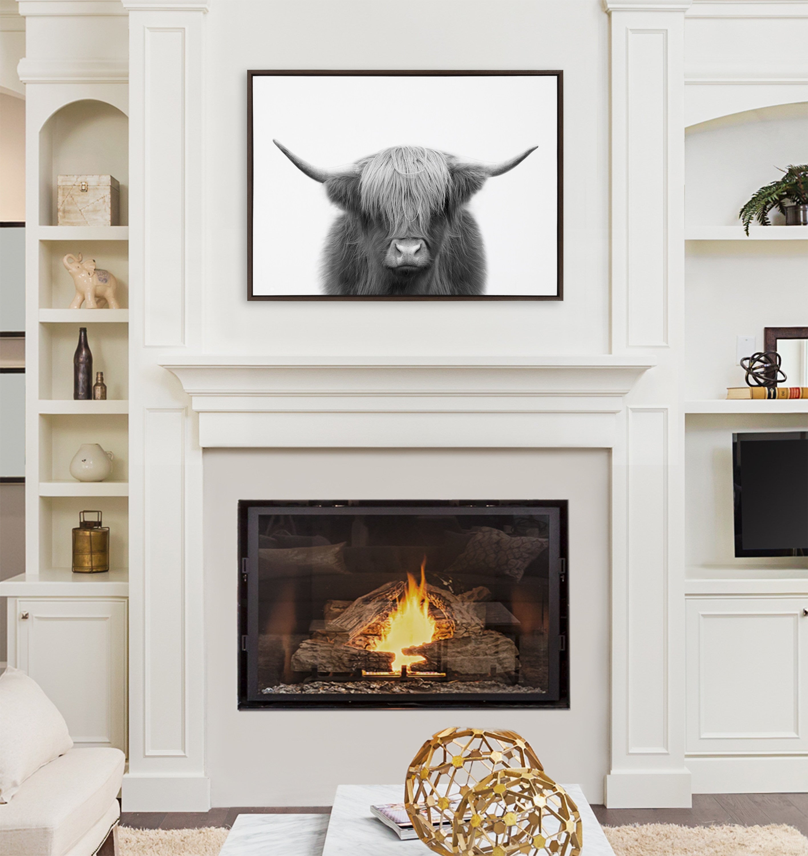Sylvie Hey Dude Highland Cow BW Framed Canvas by The Creative Bunch Studio