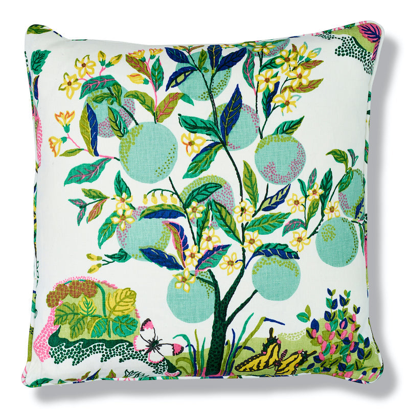 Citrus Garden Pillow Cover in Lime with Schumacher print front and ivory linen back displayed on sofa