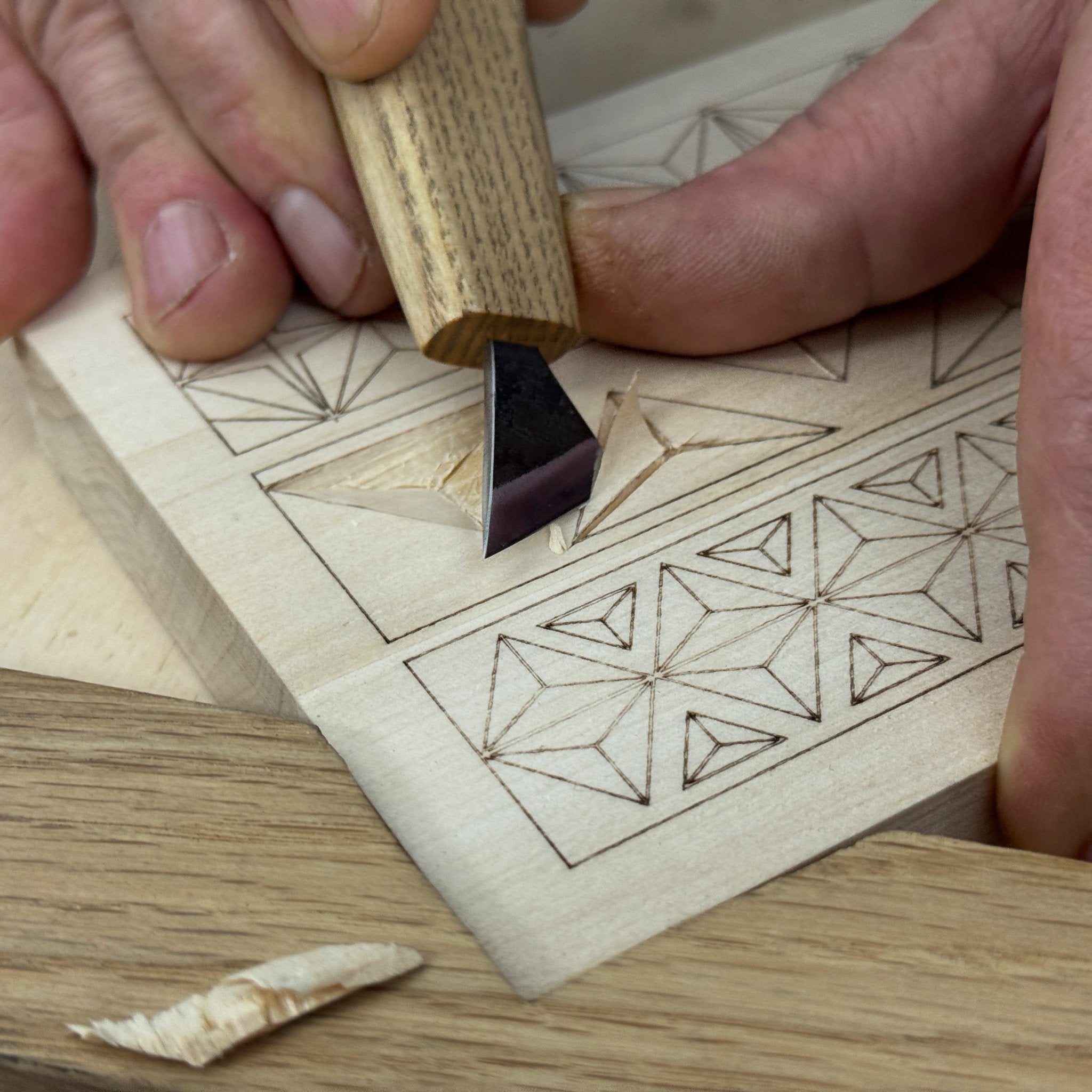 Linden wood carving board with double-sided pre-drawn patterns by Sharky Forged Steel Tools
