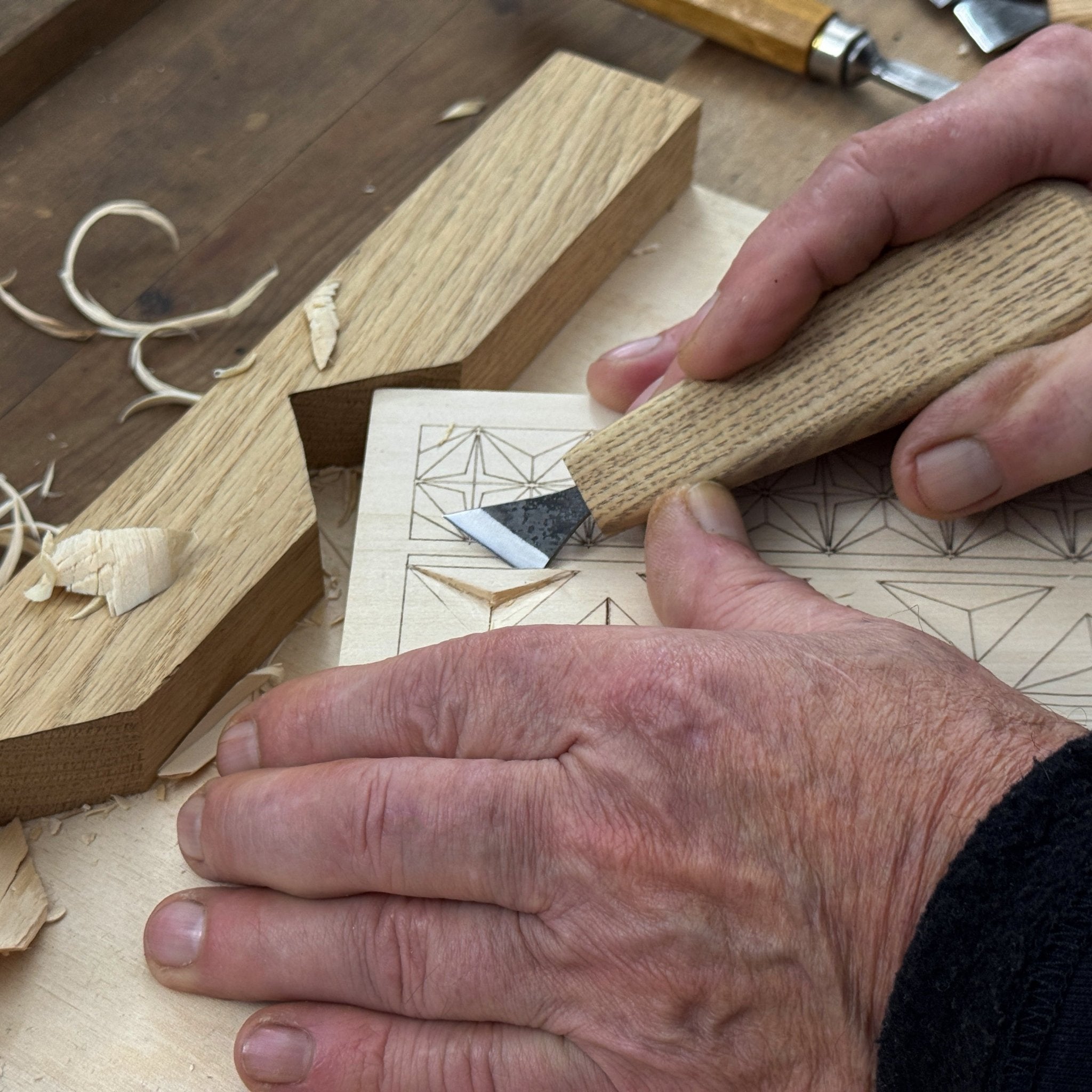 Linden wood carving board with double-sided pre-drawn patterns by Sharky Forged Steel Tools