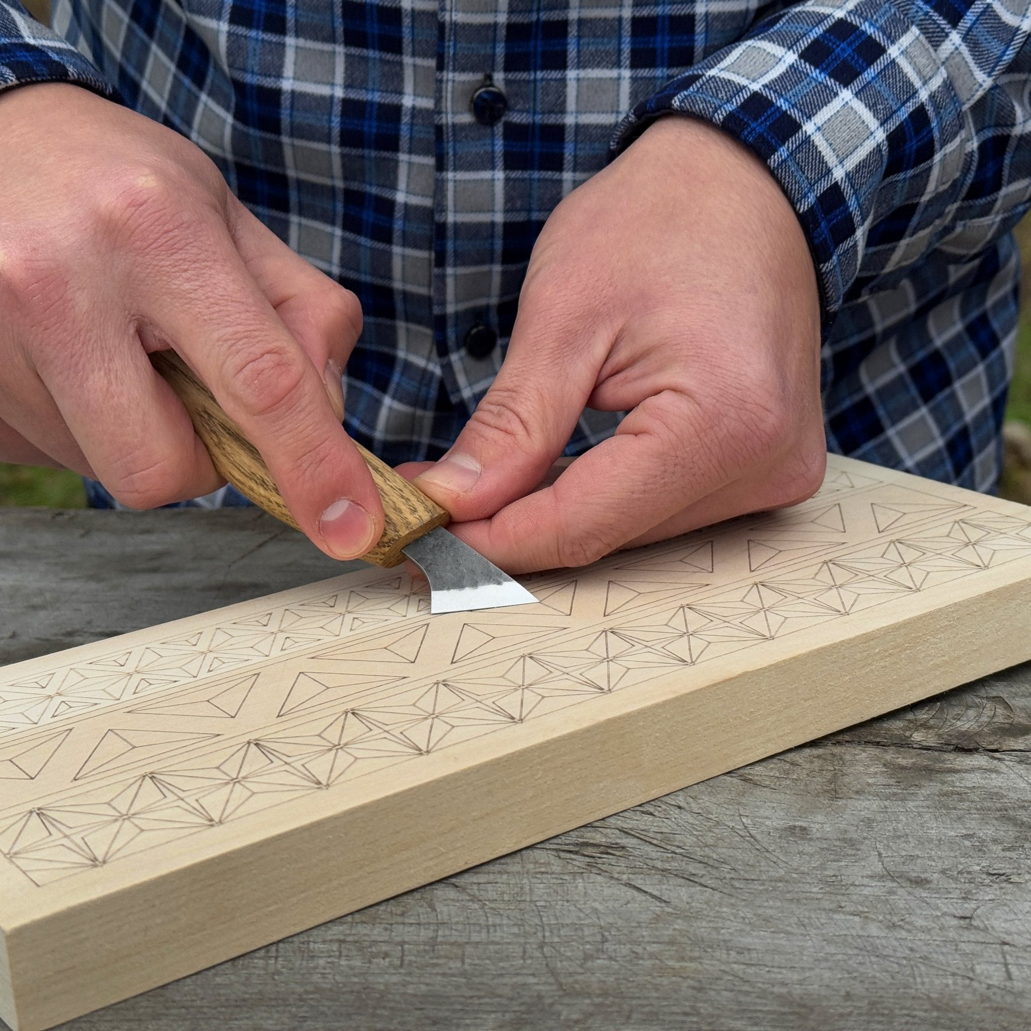 Linden wood carving board with double-sided pre-drawn patterns by Sharky Forged Steel Tools