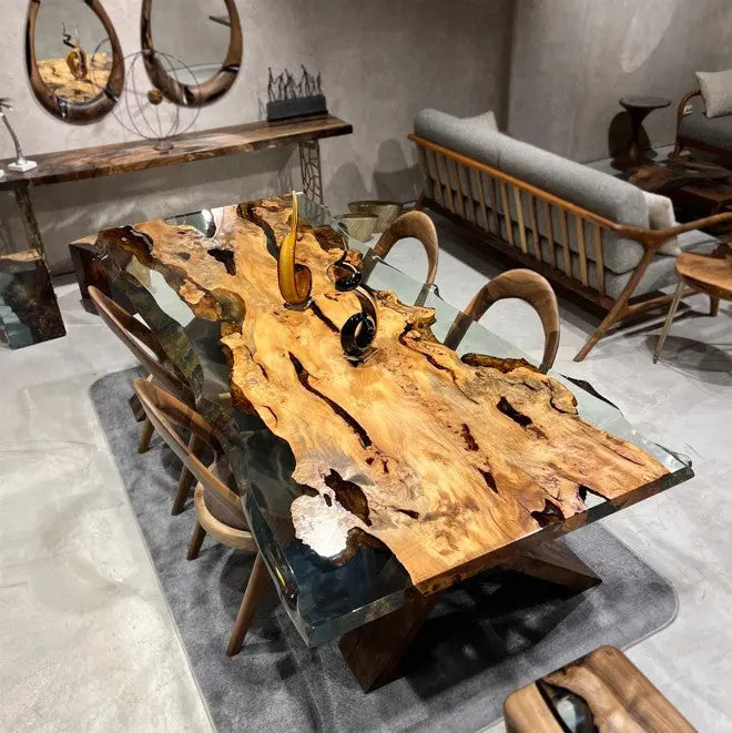Solid linden wood dining table with natural epoxy resin finish and customizable wooden legs