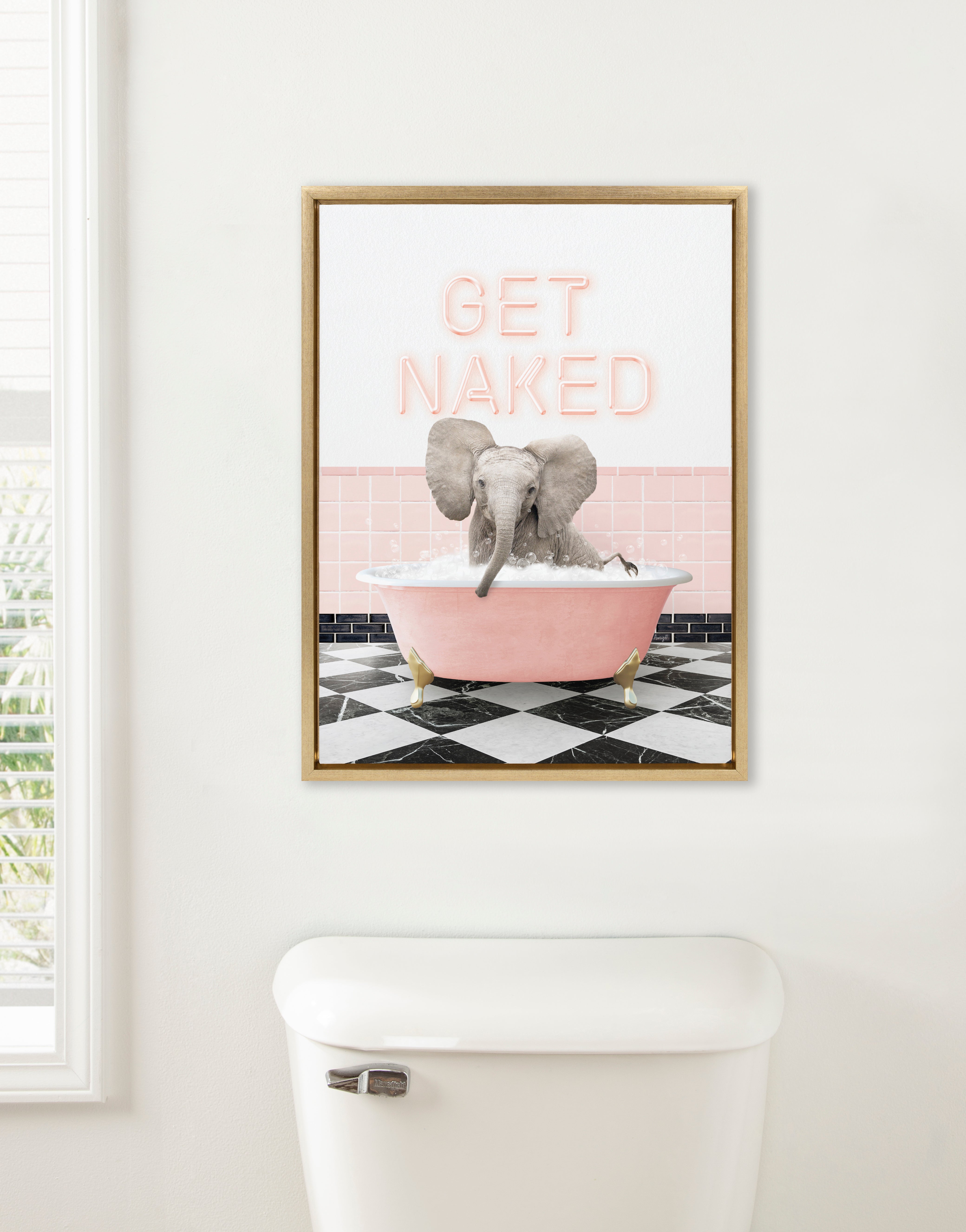 Sylvie Baby Elephant No 3 in Get Naked Bath Framed Canvas by Amy Peterson