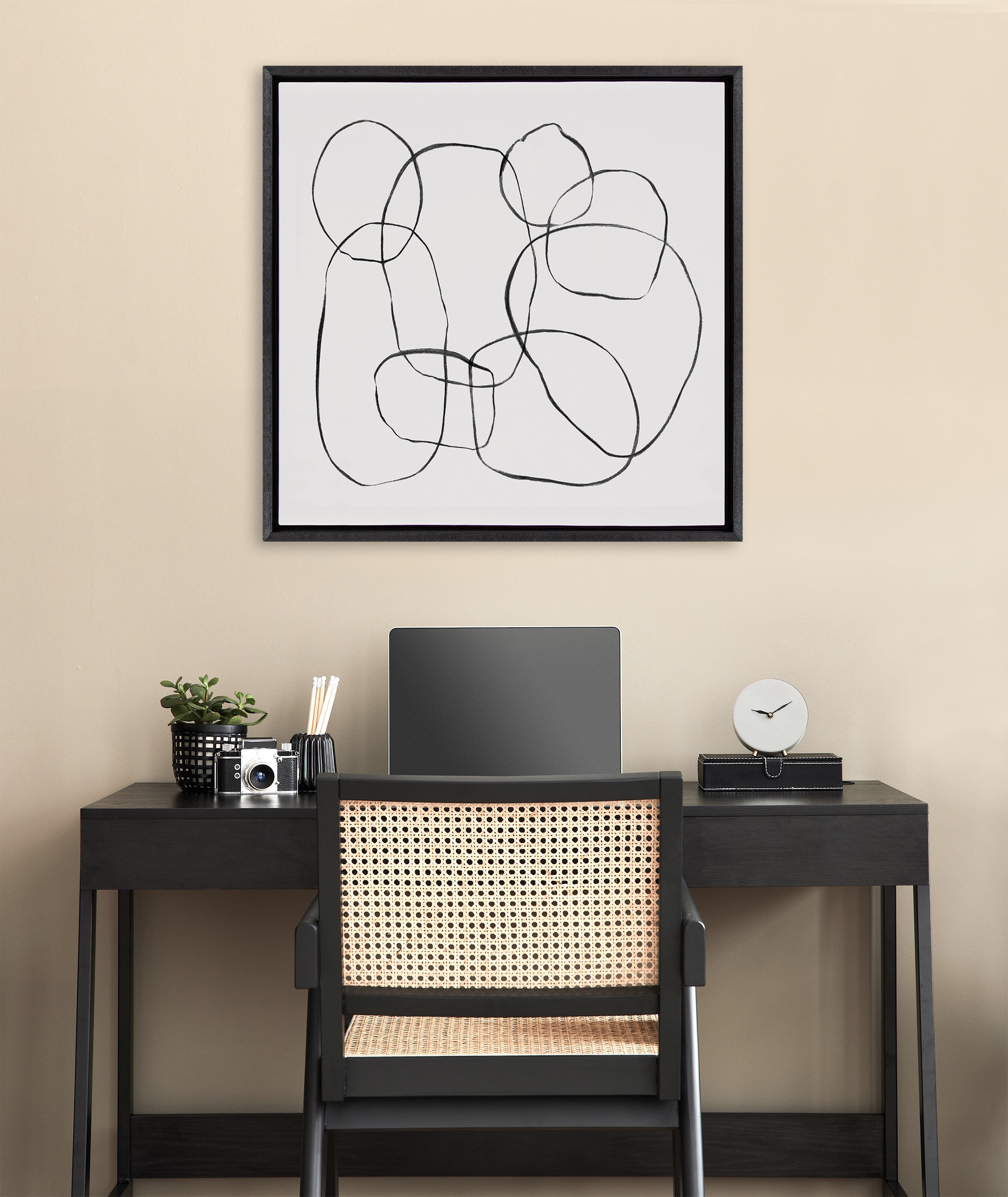 Sylvie Dancing Circles Black and Soft White Framed Canvas by kateandlaurel - product image 4 for Resin Society