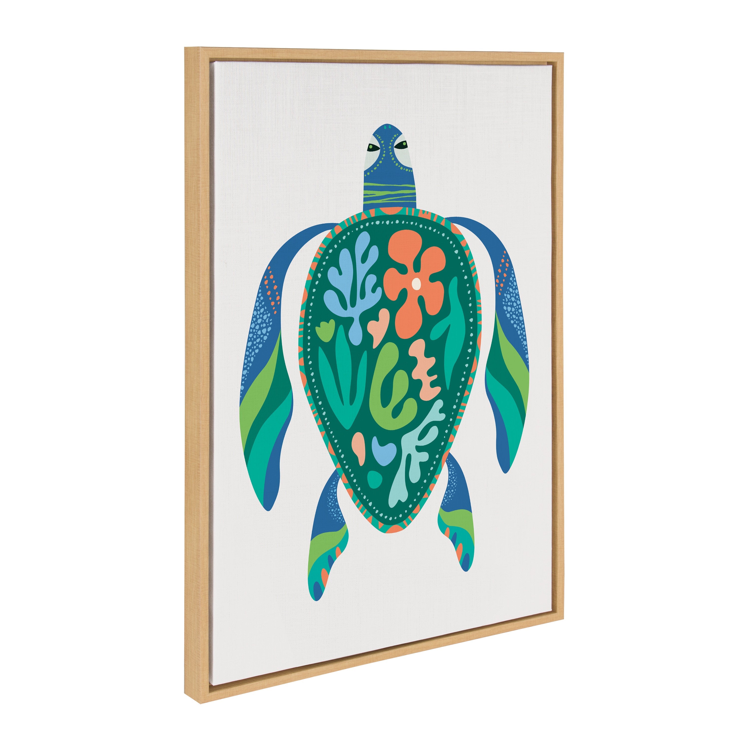 Sylvie MCM Sea Turtle framed canvas art featuring mid-century modern sea turtle illustration with natural color frame