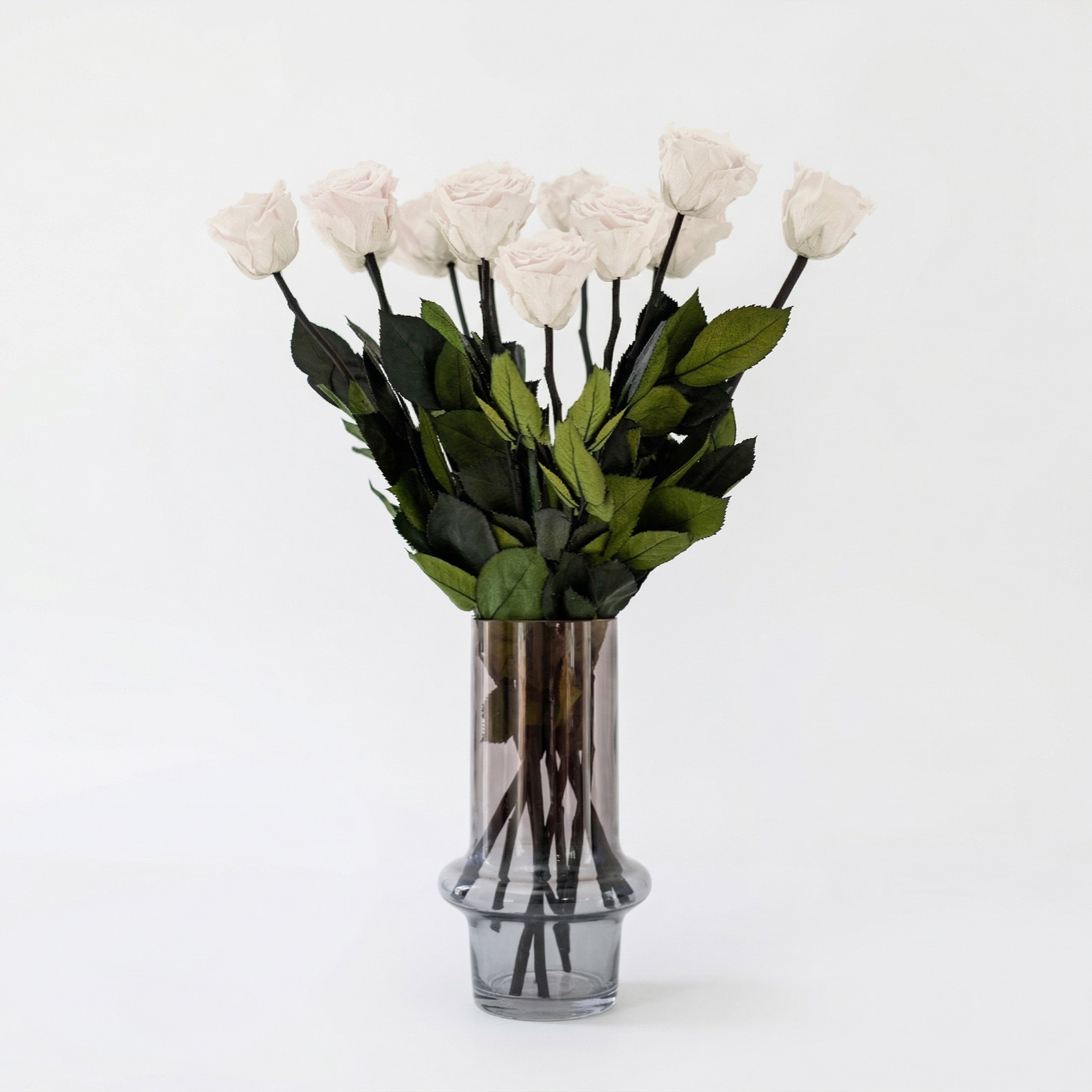Long Stem White Roses arranged loosely showing full white rose blooms with long green stems