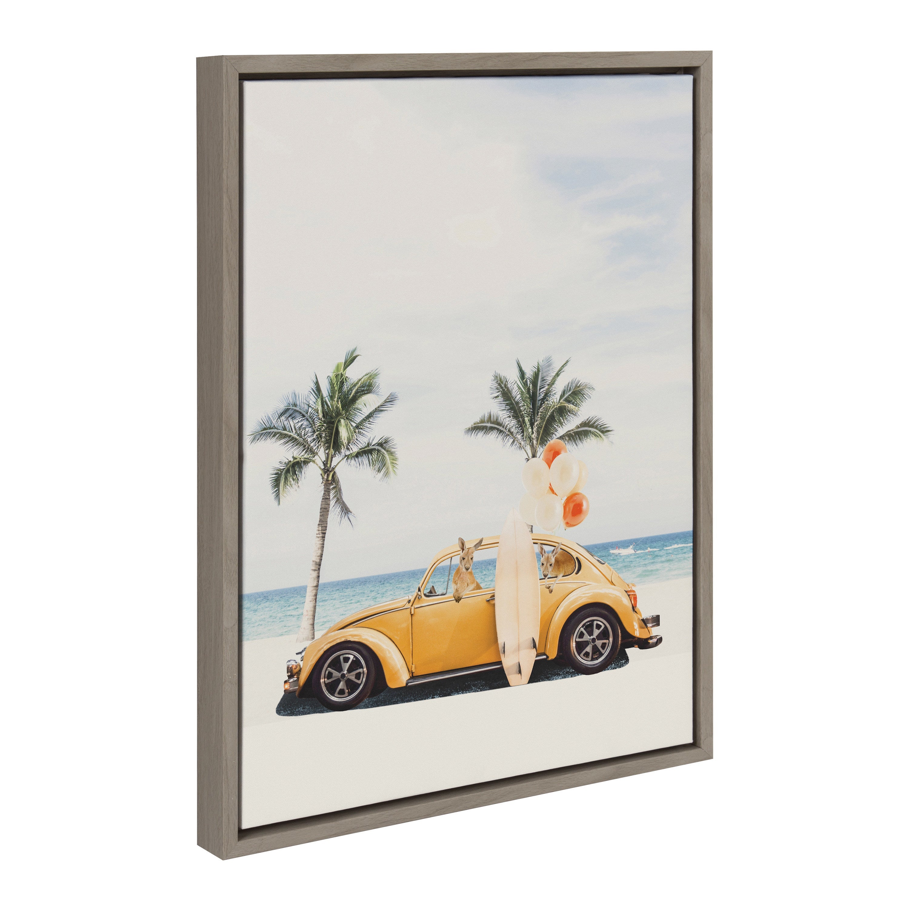 Framed canvas art showing playful kangaroos in a summer beach scene with a floating frame option.