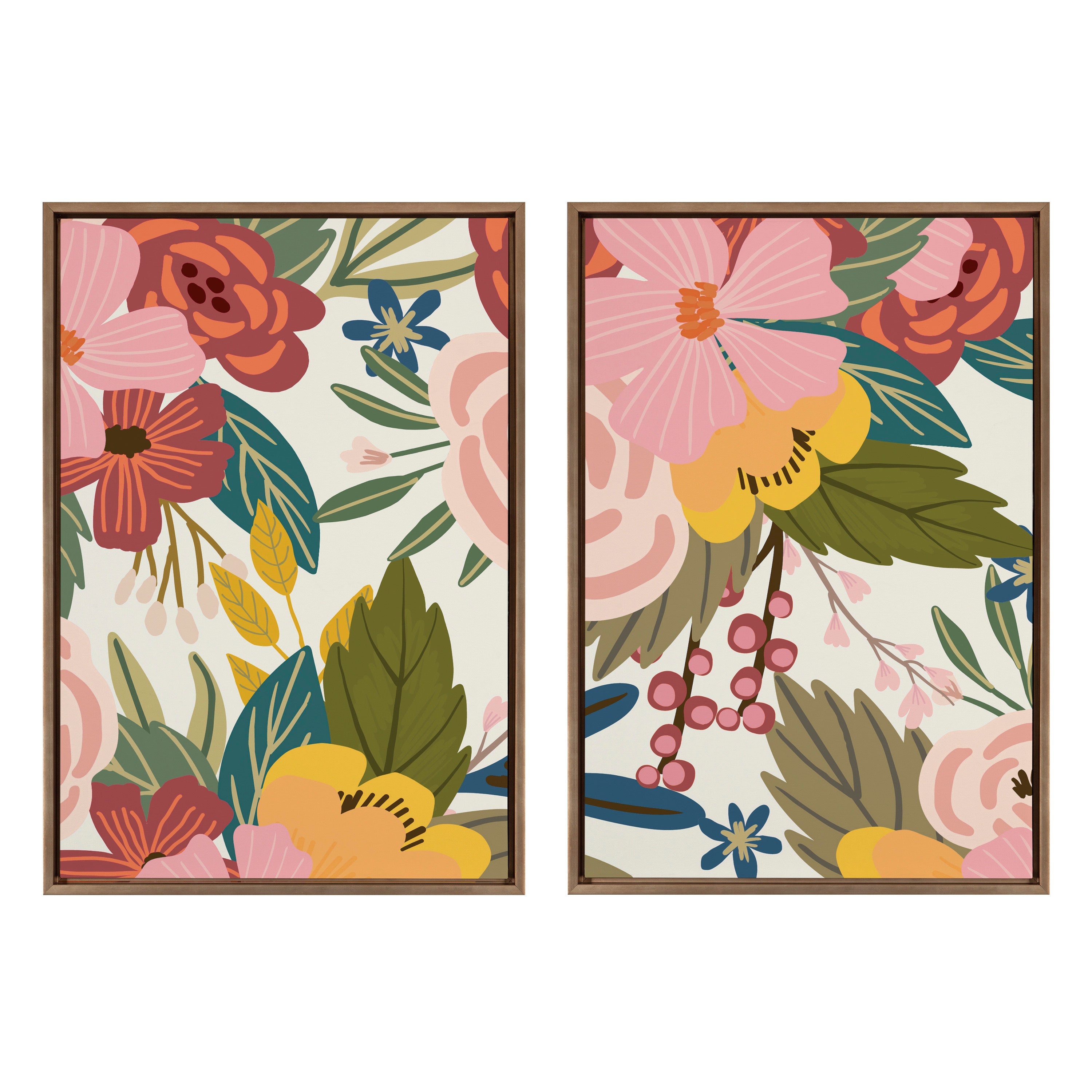 Sylvie Softly 1 and 2 framed canvas art set featuring colorful floral illustrations
