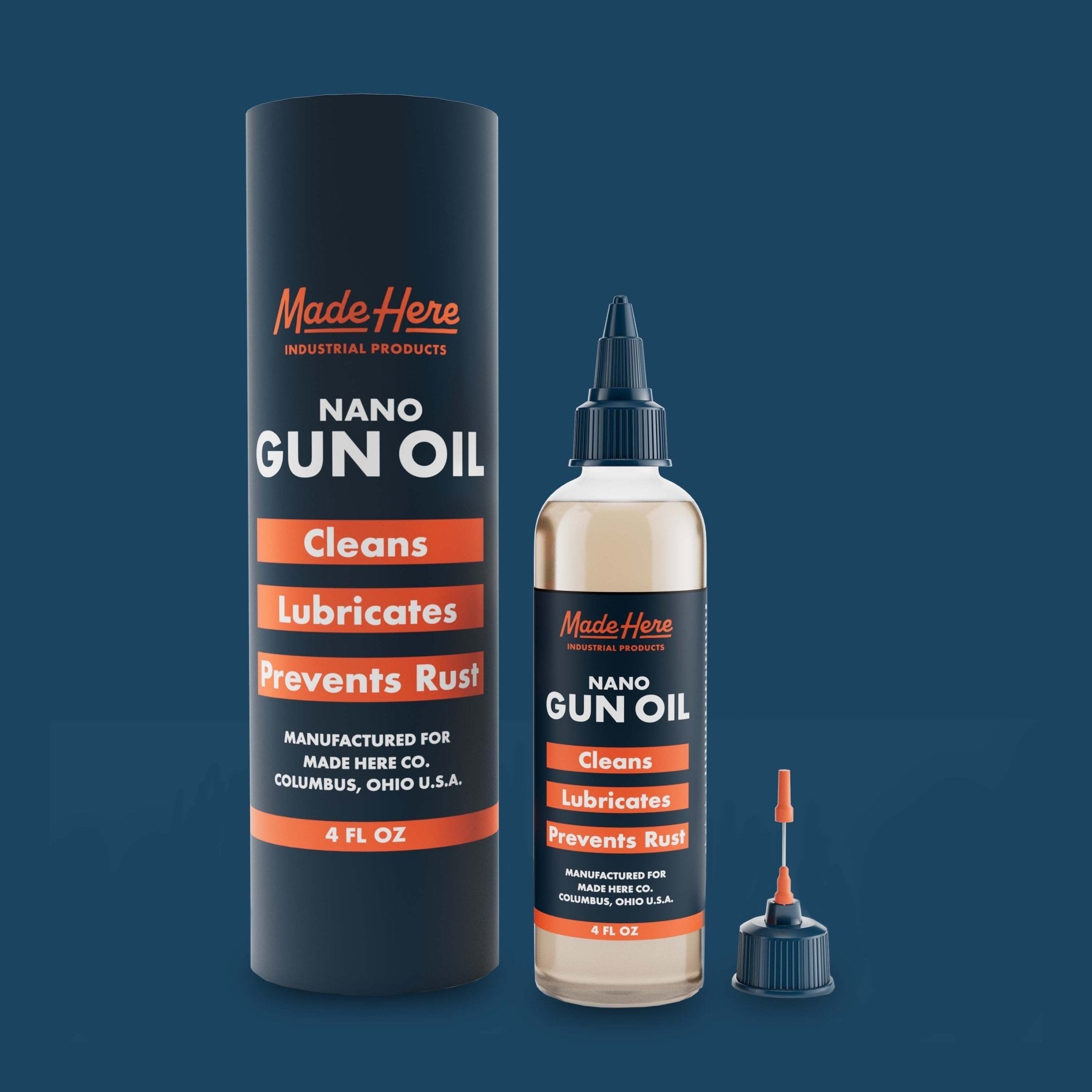 Bottle of Made Here Industrial Products Lubricating Gun Oil with Nano Tech